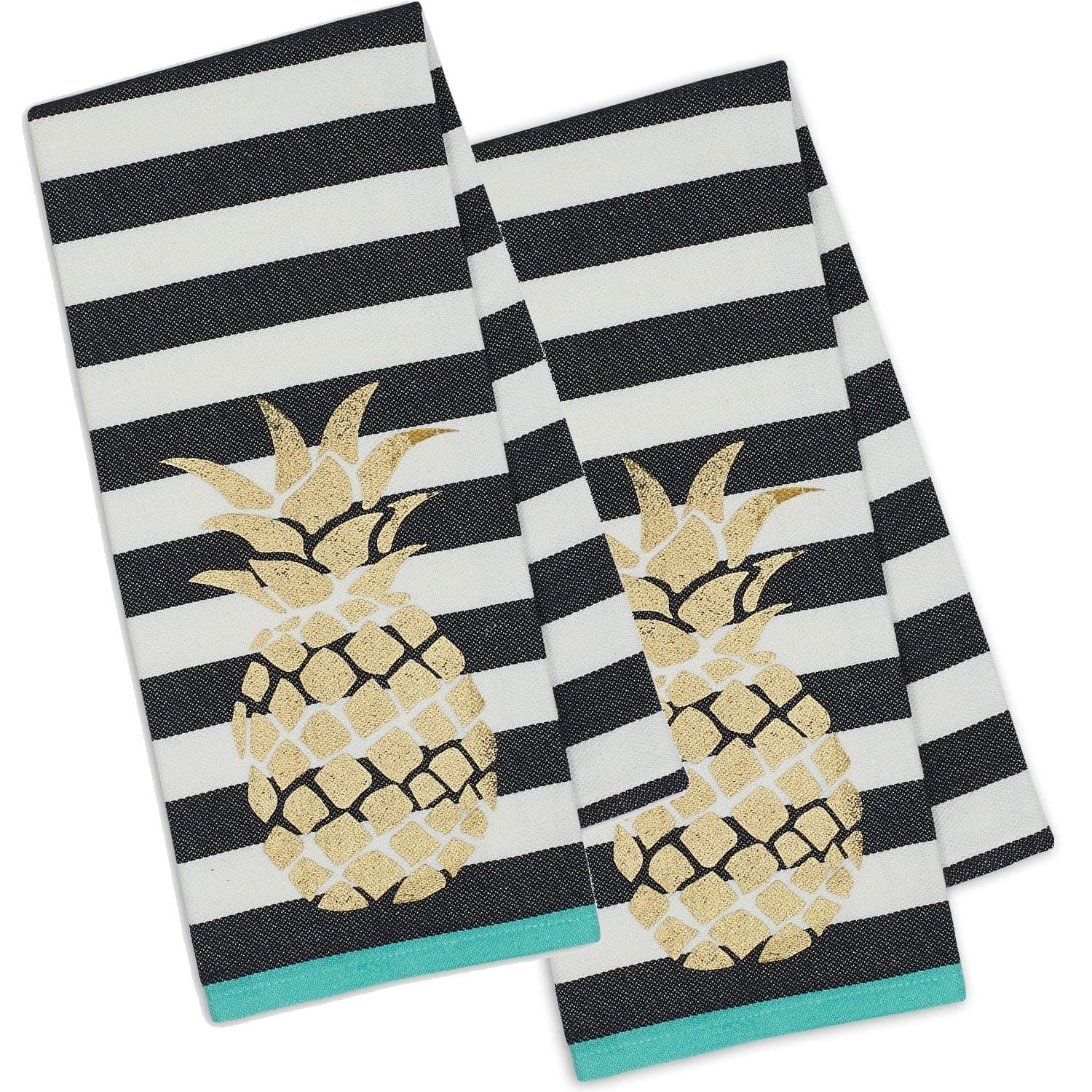 Set of 2 Golden Pineapple Dishtowels with Black and White Stripes (2)