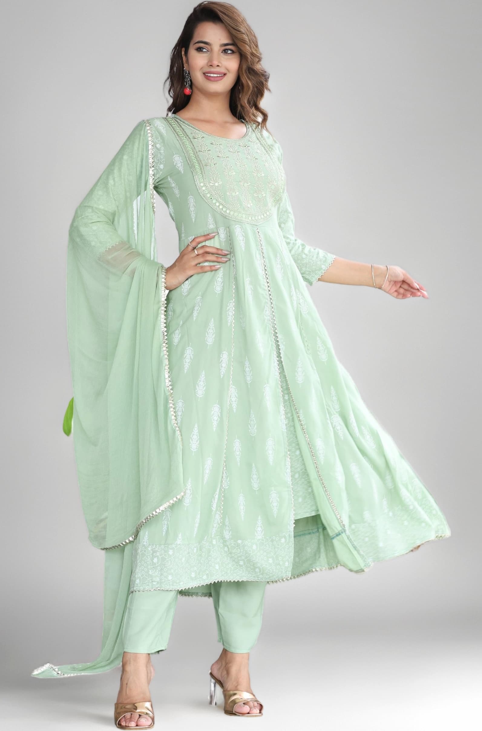 JD Finishing Rayon Printed Kurta with Pants Dupatta Set for Women Girls Long Middle Cut Kurtis Stylish Latest New Trending Design Anarkali Kurta A