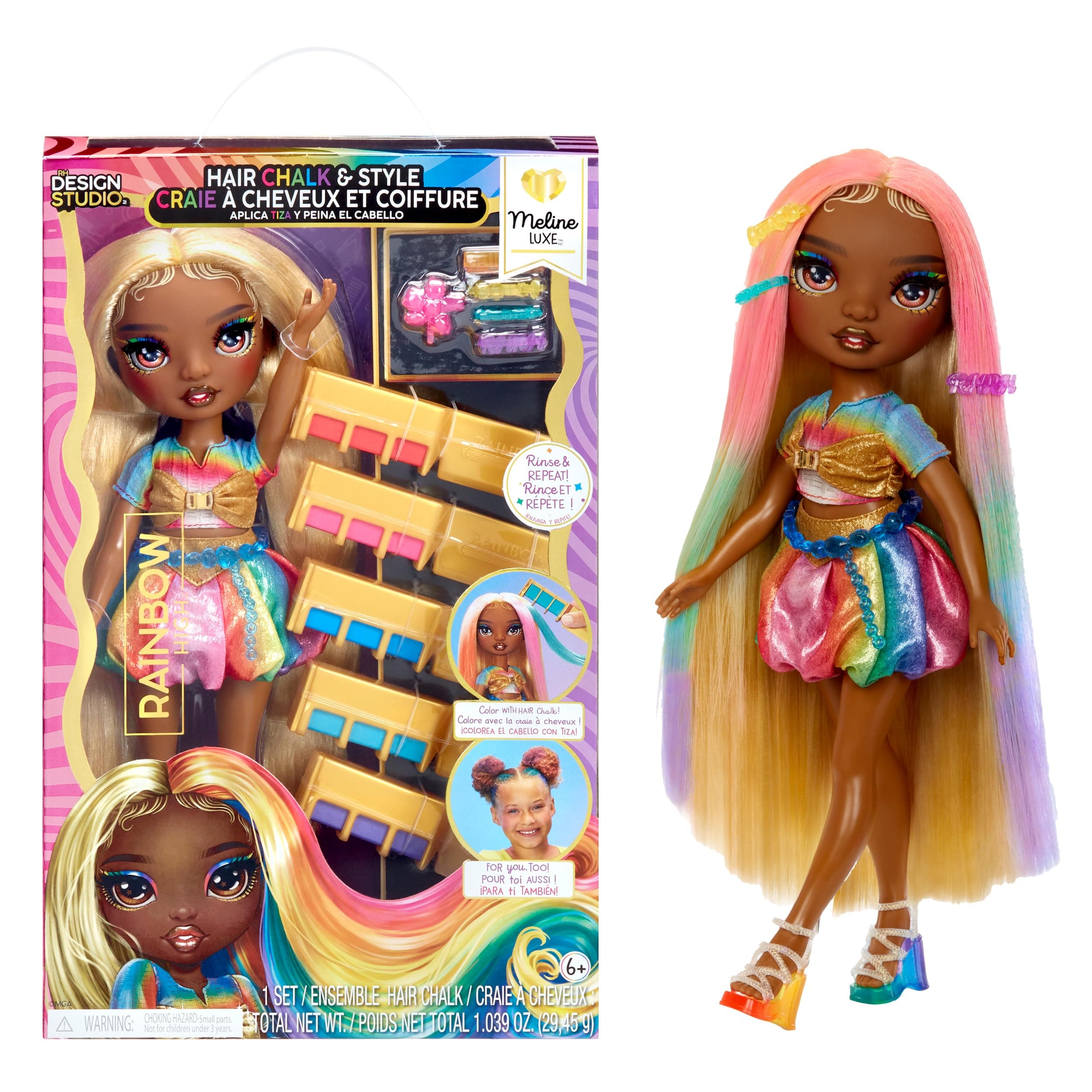 Hair Chalk & Style Doll - Meline - 28 cm Rainbow & Gold Doll, Washable Hair Chalk, Colour, Style, Play, Rinse, & Repeat, For Children Ages 4 to 12+