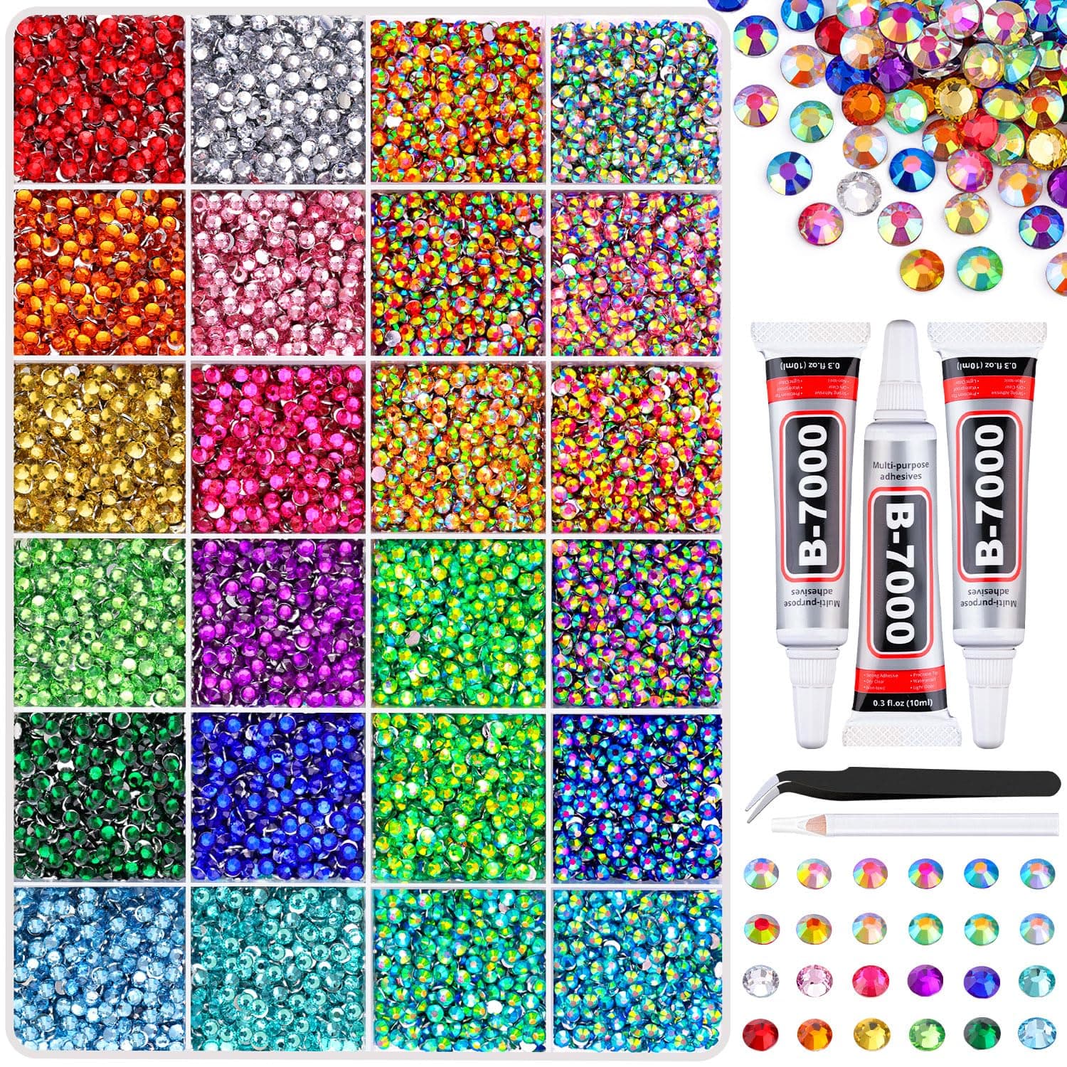 24000Pcs Resin Rhinestones with Tweezers for Crafting, Mixed-Color 3mm Bedazzling Crystal with 3Pcs 10ml B7000 Jewelry Glue for DIY Crafts Clothing Tumblers Shoes Fabric Nail Art