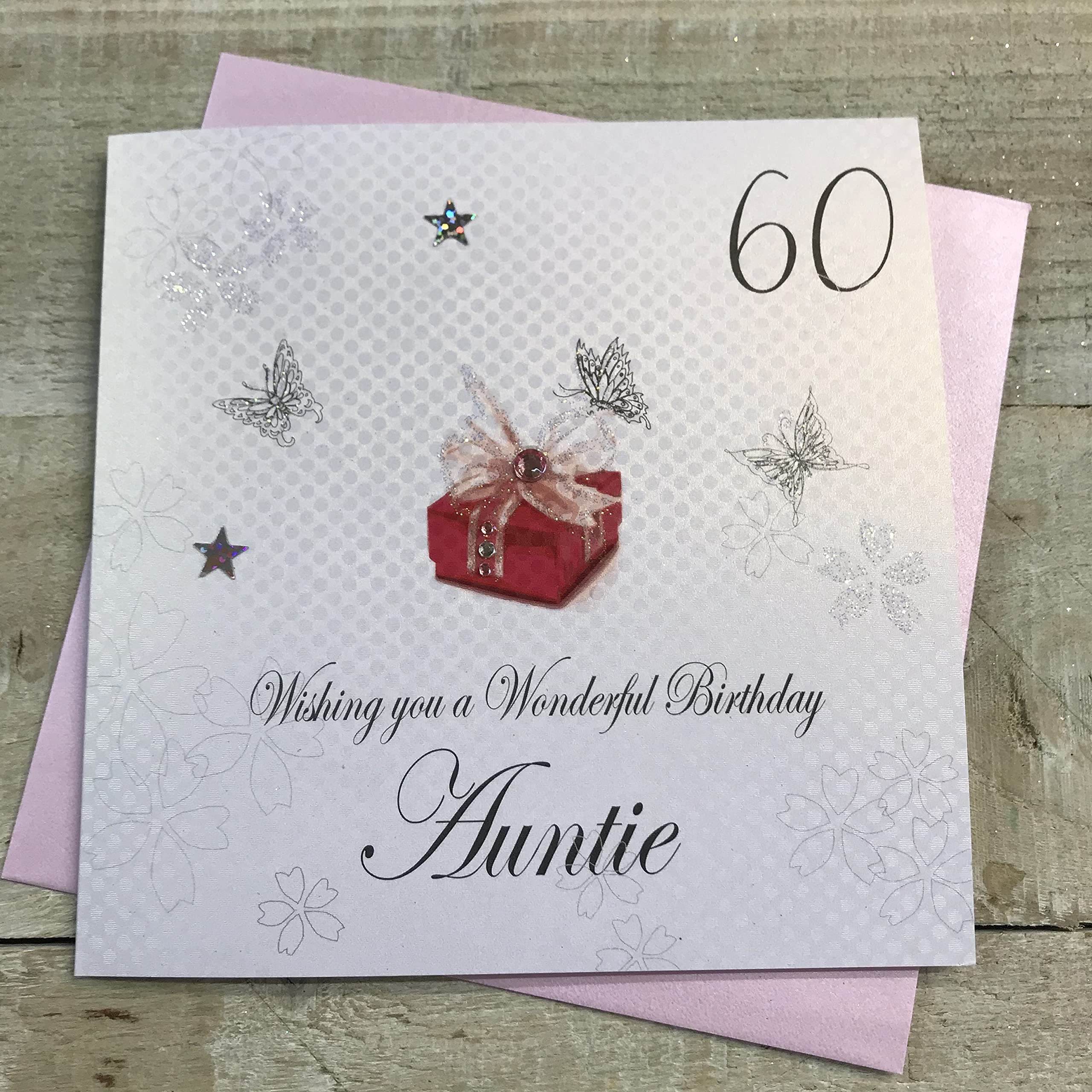WHITE COTTON CARDS Red Present, Wishing you a Wonderful Auntie Handmade 60th Birthday Card, White, bdp60-a