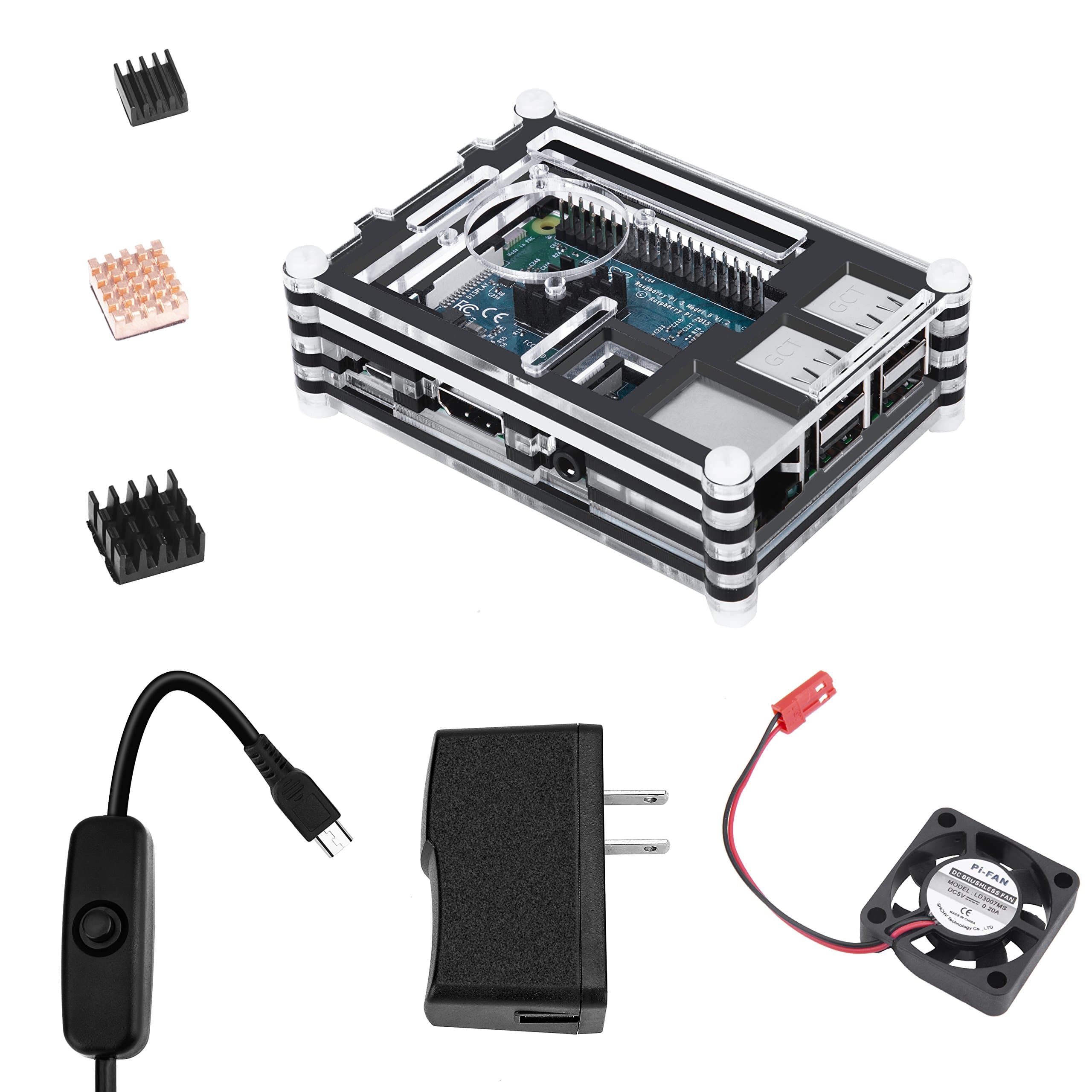 MIKOBOX 9 Layers Case 5 in 1 Kit for Raspberry Pi 3 with Mini Ventilation Fan and 3 Heatsinks, On/Off Switch USB 5V 2.5A Power Supply Compatible with Pi 3B 2 Model B (Pi Board is Not Included)