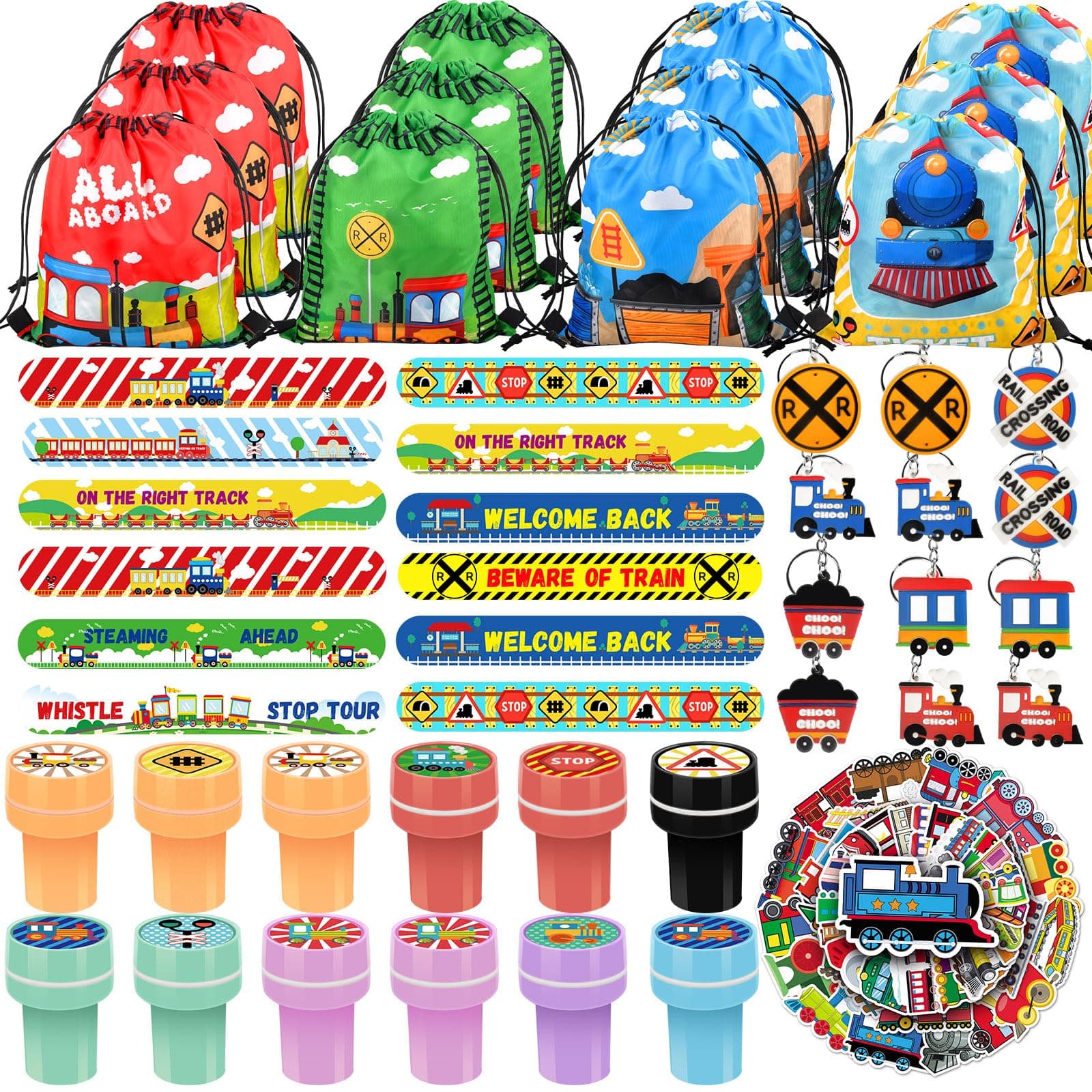 TOQI 98 Pcs Train Party Favors,Train Print Party Supplies Include Stickers Stamps Keychains Slap Bracelets and Drawstring Bags Party Decorations for Kids TrainTheme Birthday Party Favors Supplies