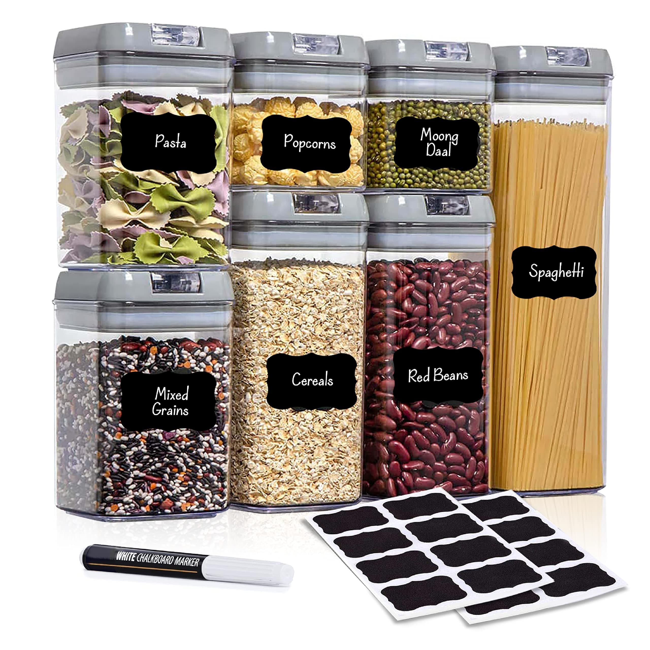 FM Royal Brand - Premium Airtight Food Storage Containers - Set of 7 Kitchen Storage Containers for Pantry Organization - BPA Free Canister Sets - Leak-Proof Lids - 16 Labels & 1 Chalk Marker (Gray)