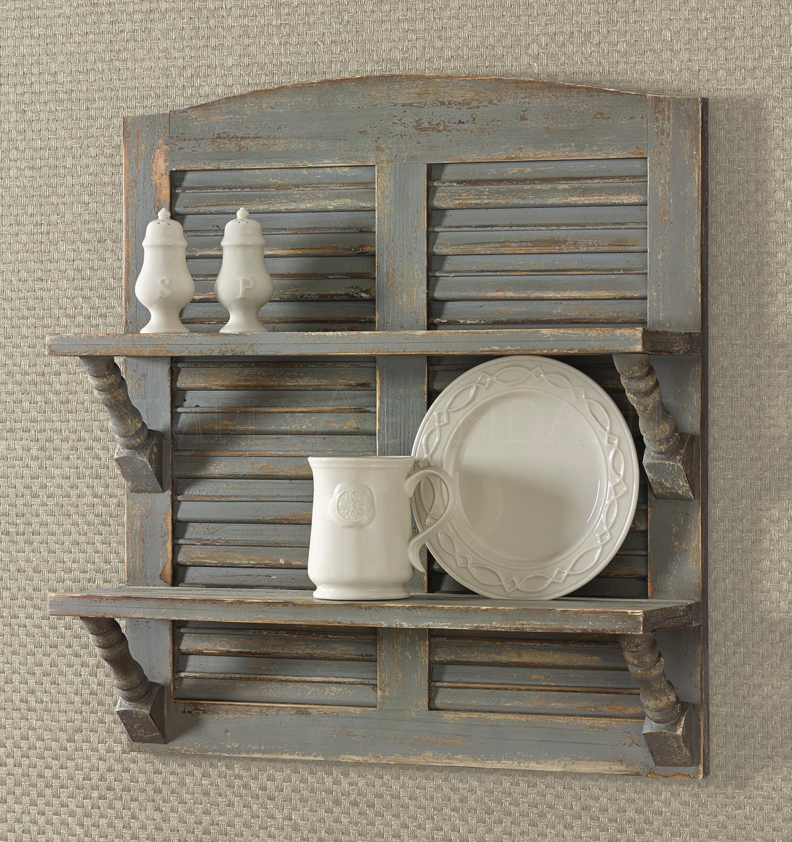 Farmhouse Style Double Shutter Shelf with Weathered Gray Finish, 24x22x6.25 Inch