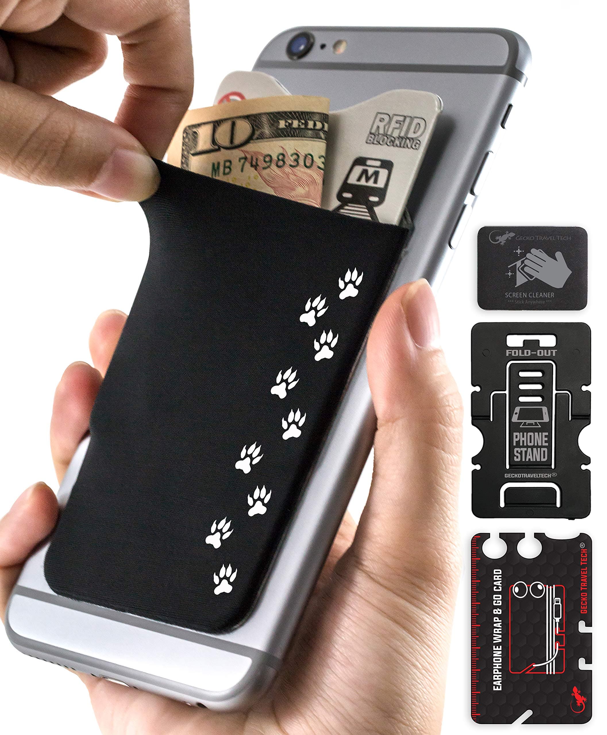 Phone Wallet - Adhesive Card Holder - Cell Phone Pouch - Stick on Lycra Pocket by Gecko - Carry Credit Cards and Cash