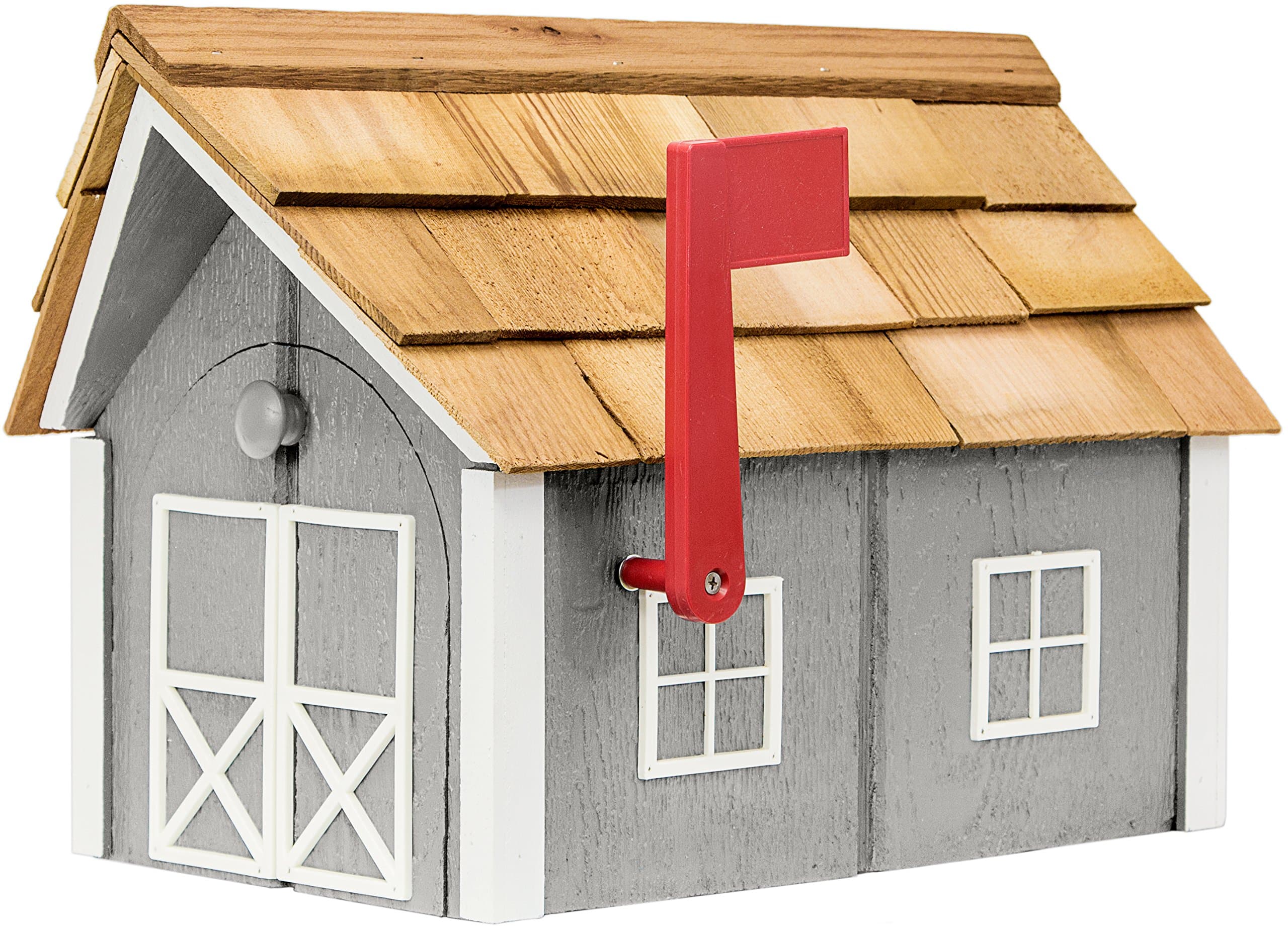 Amish-Made Deluxe Post Mount Wooden Mailbox with Cedar Shingles (Cape Cod Gray with White Trim)