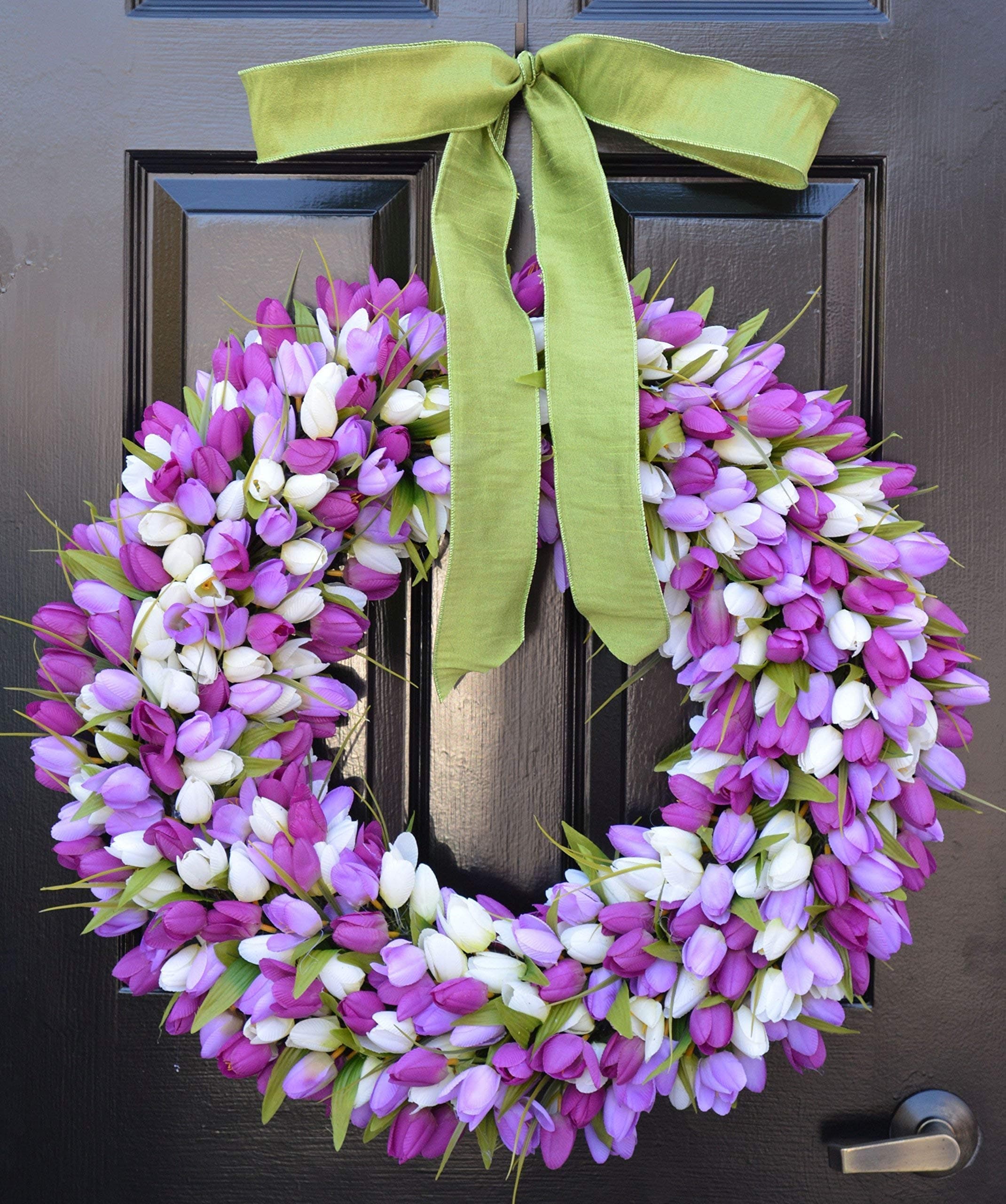 Elegant Holidays Handmade Purple/White Silk Tulip Wreath w/Bow- Decorative Home Décor for Indoor/Outdoor- Welcome Guests Spring, Summer with Front Door Wreaths- Great Easter Holiday Accent 16-24 in