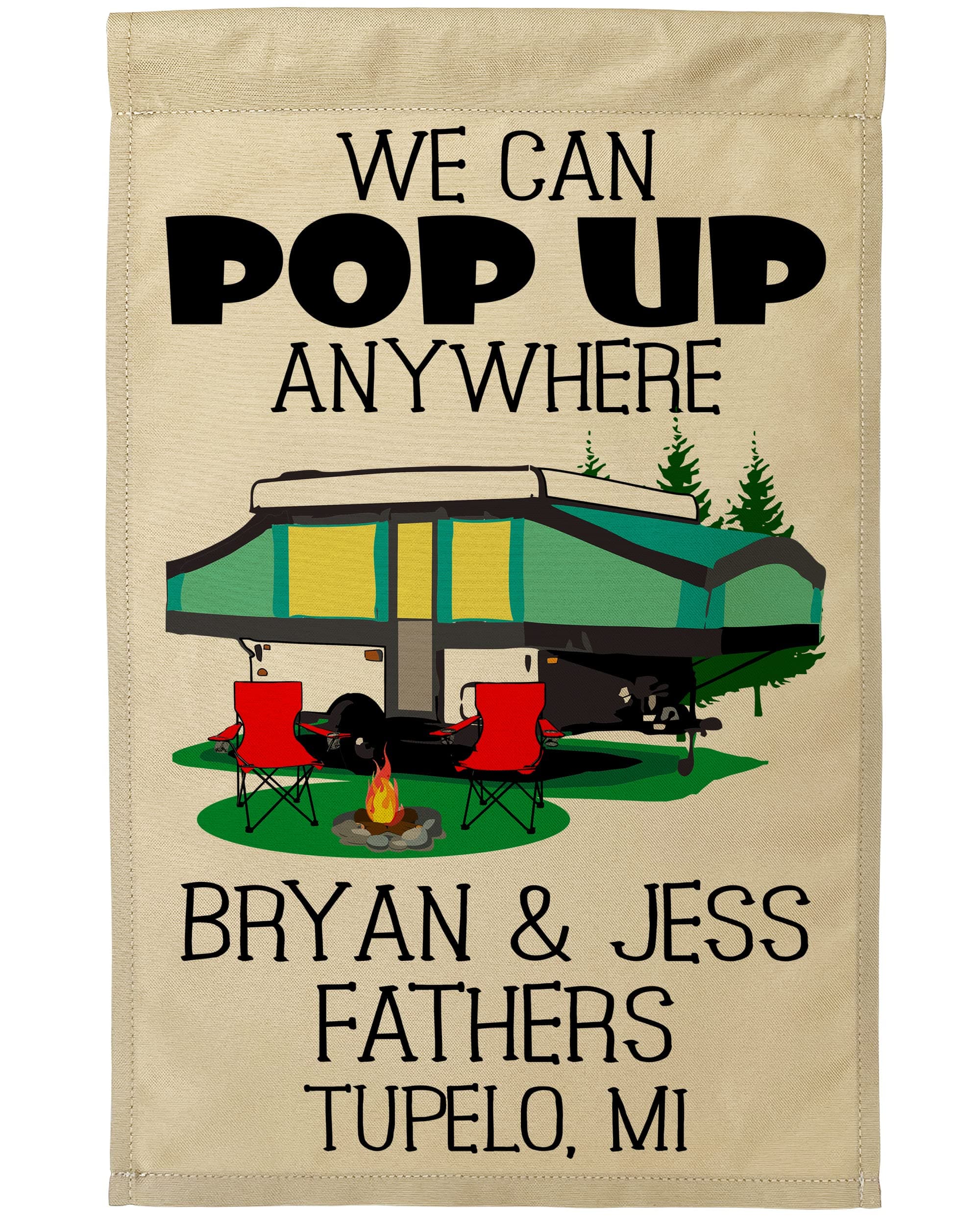 Personalized Pop-up Camper Campsite Flag, Green (12.5x18 inches, Tan Fabric, 3 Lines Custom Text)