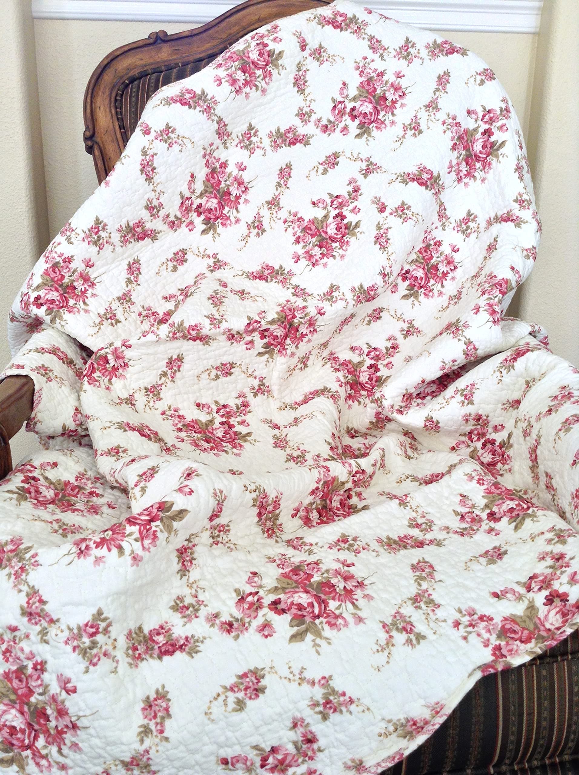 Cozy Line Home Fashions Fuchsia Pink Rose Cream Floral Print Reversible 100% Cotton Quilted Throw Blanket 60" x 50" Machine Washable and Dryable (Roses)