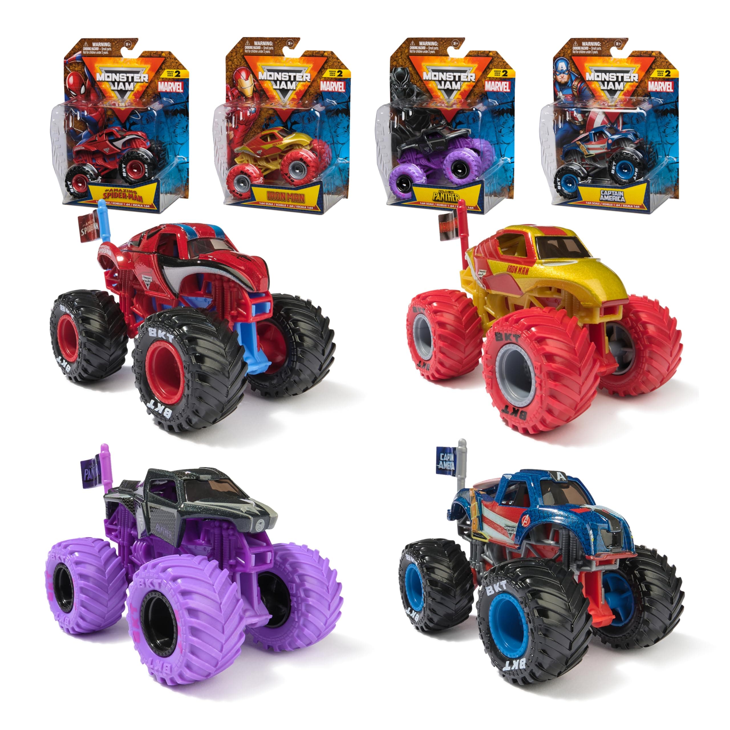 Monster Jam, Marvel 4-Pack of 1:64 Scale Die-Cast Monster Trucks, Spider-Man, Iron Man, Captain America & Black Panther, Kids Toys for Boys and Girls