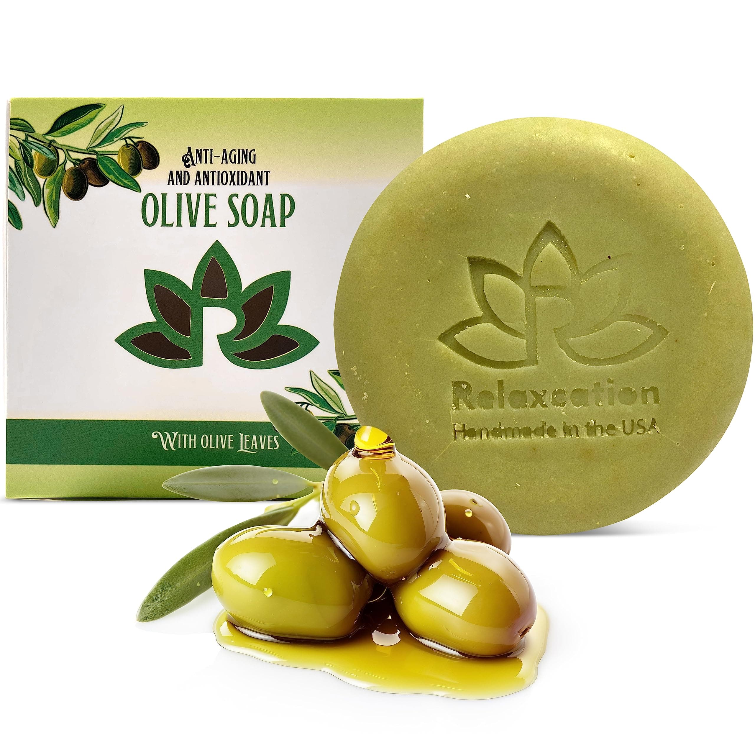 Relaxcation Natural Olive Oil Soap Bar with Organic Pure Greek Olive Oil and Leaves - Anti-Aging and Antioxidant Moisturizing Cold Processed Soap - Handmade in USA