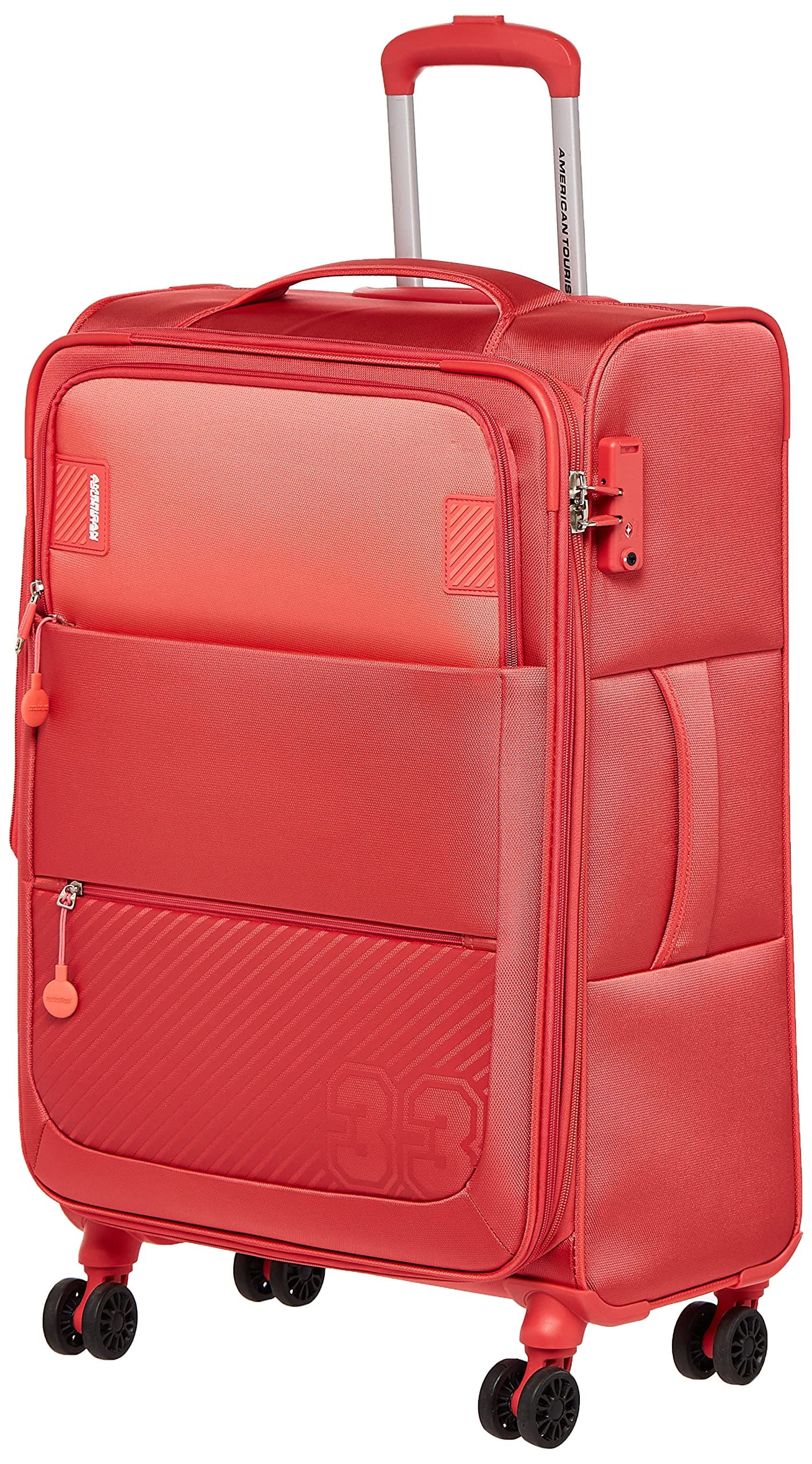 American Tourister Majoris + Suitcase, 4 Spinner Wheels, Soft Top, 100% Polyester, Blue|Corner Guards|Front Pocket|TSA Combination Lock|Expandable|Retractable Aluminum Handle - 3 Years Global Warranty