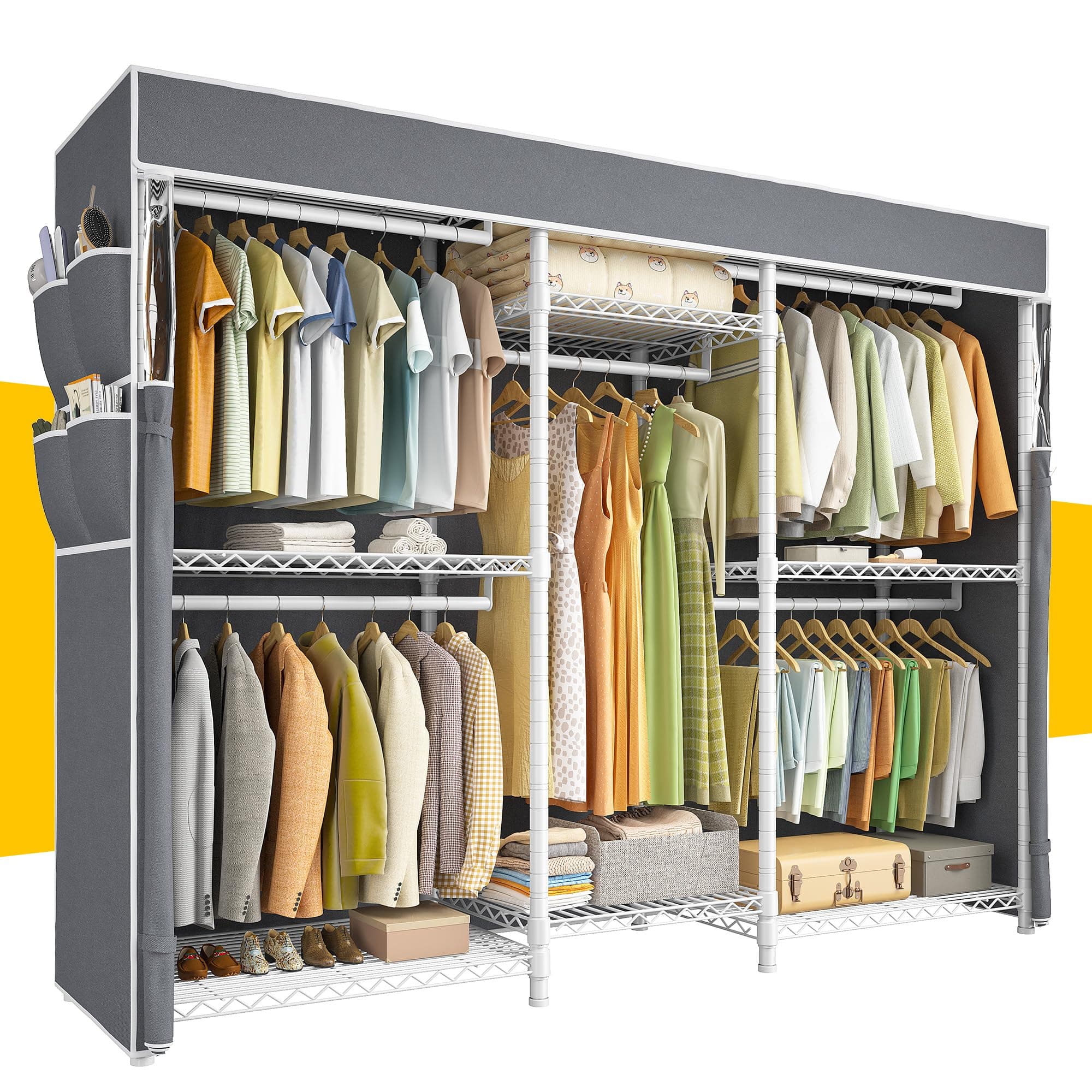 Raybee Clothes Rack with Cover,Clothing Racks for Hanging Clothes Heavy Duty,Portable Closet with Shelves,Adjustable,Loads 905 LBS,White,75" W*17.8" D*77" H