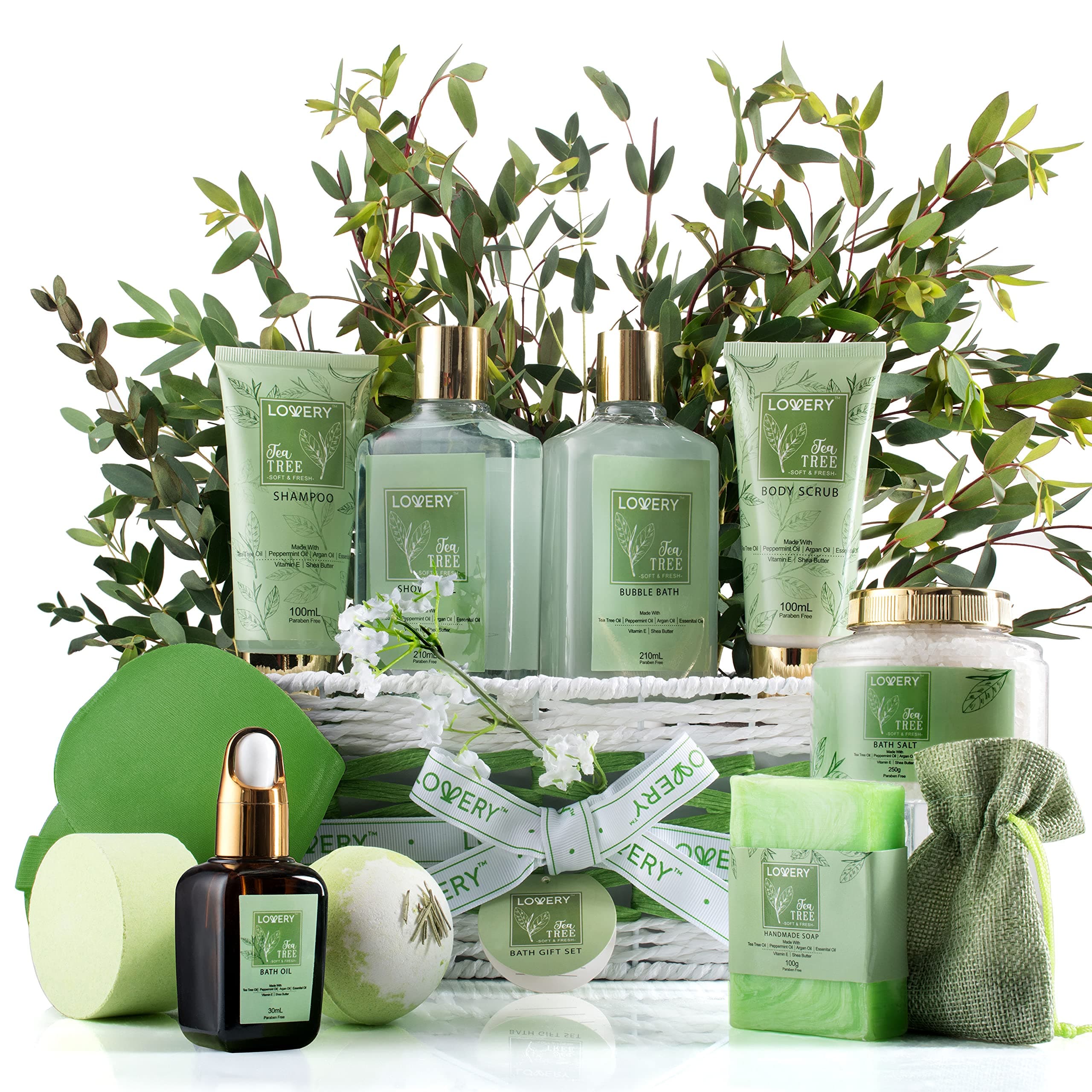 LOVERY Tea Tree Bath Set, Aromatherapy Home Spa Set with Calming Mint Fragrance, 15 Piece Gift Basket, Tea Tree Bath Oil, Shower Gel, Bubble Bath, Handmade Soap, Steamer Tablet, Potpourri & More