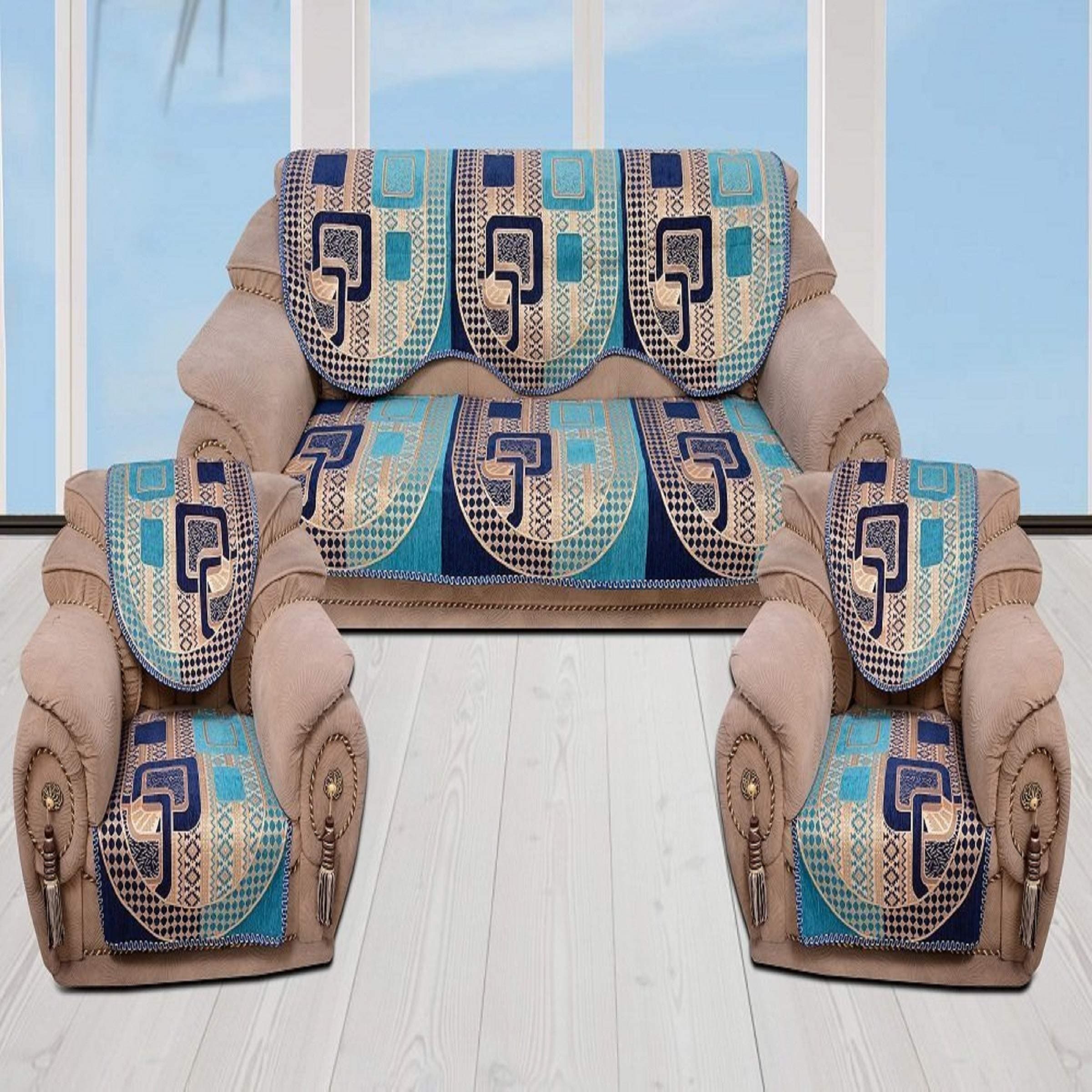 Akshaan Texo Fab 500 TC Chenille Velvet Geometric Sofa Cover Set for 5 Seater (Blue)