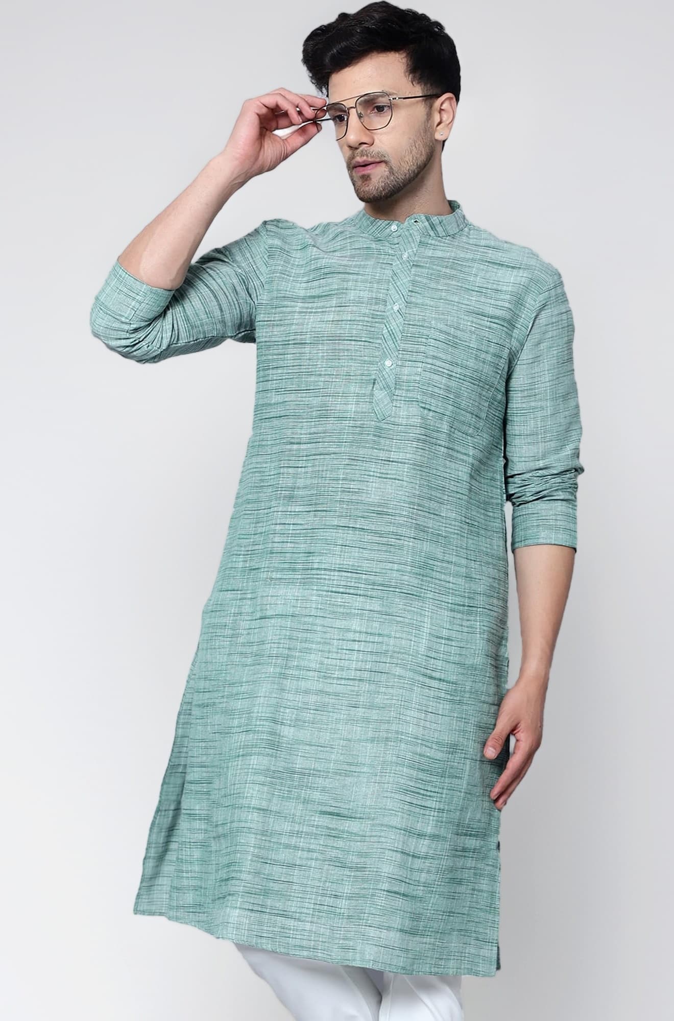 Men's Cotton Regular Textured Long Kurta Full Sleeves - Casual Ethnic Wear