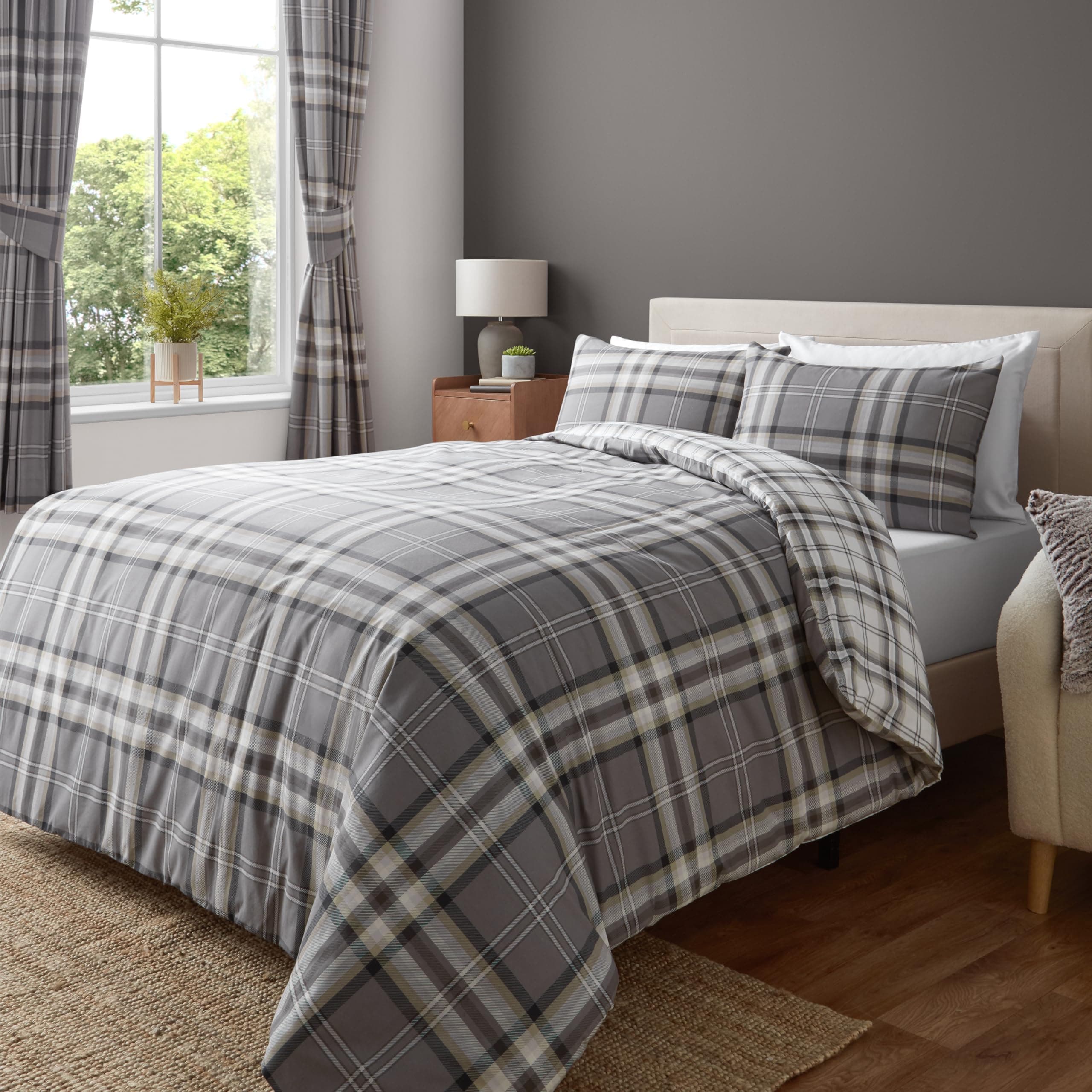 PCJ SUPPLIES EDINBURGH QUEEN SIZE (UK KING SIZE 230 X 220CM) GREY TARTAN PLAID REVERSIBLE COTTON DUVET SET QUILT COVER
