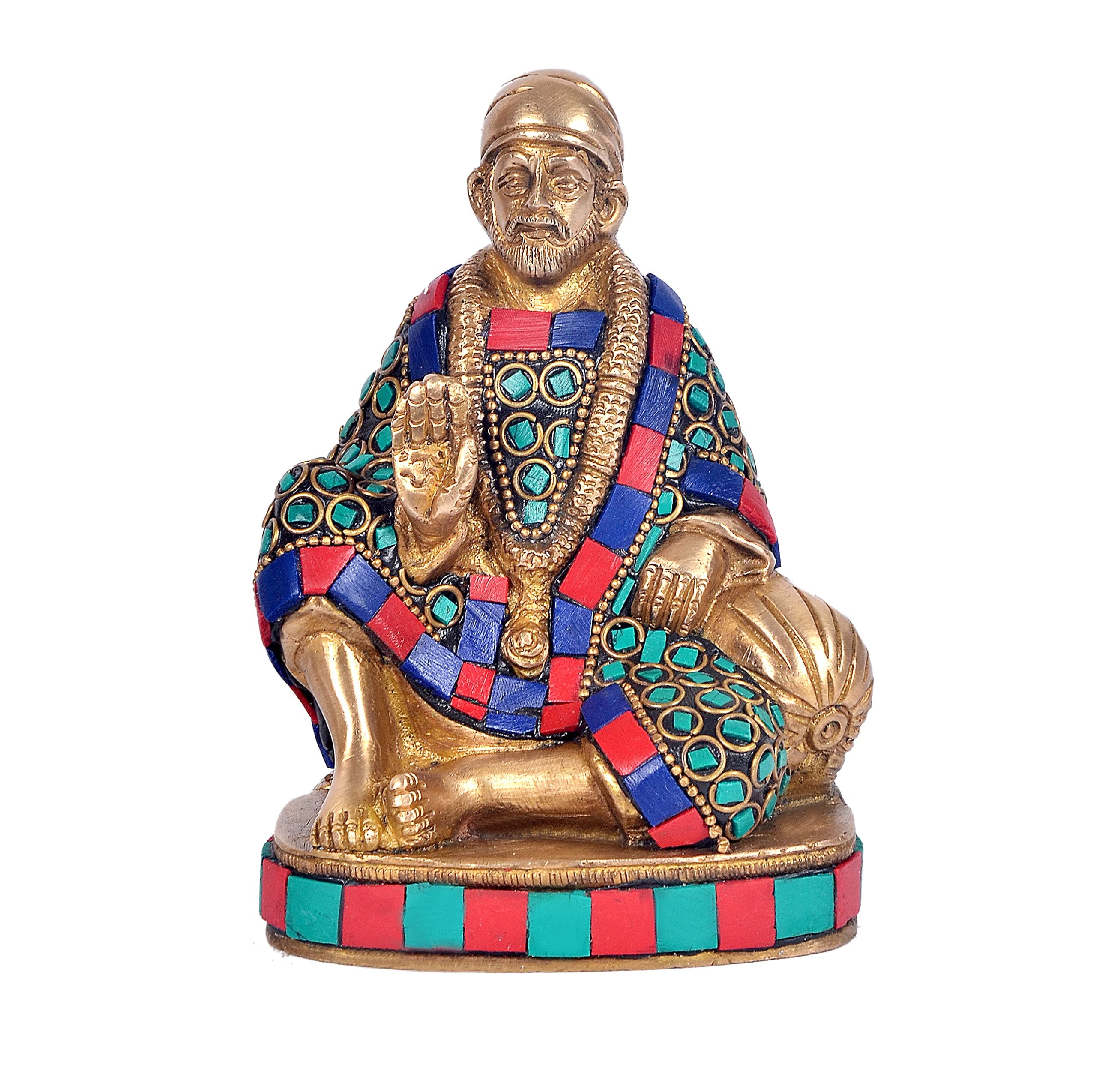 AONA Brass Shirdi Wale Sai Baba Statue Idol Sai Baba Inlay Work Height 5 Inch