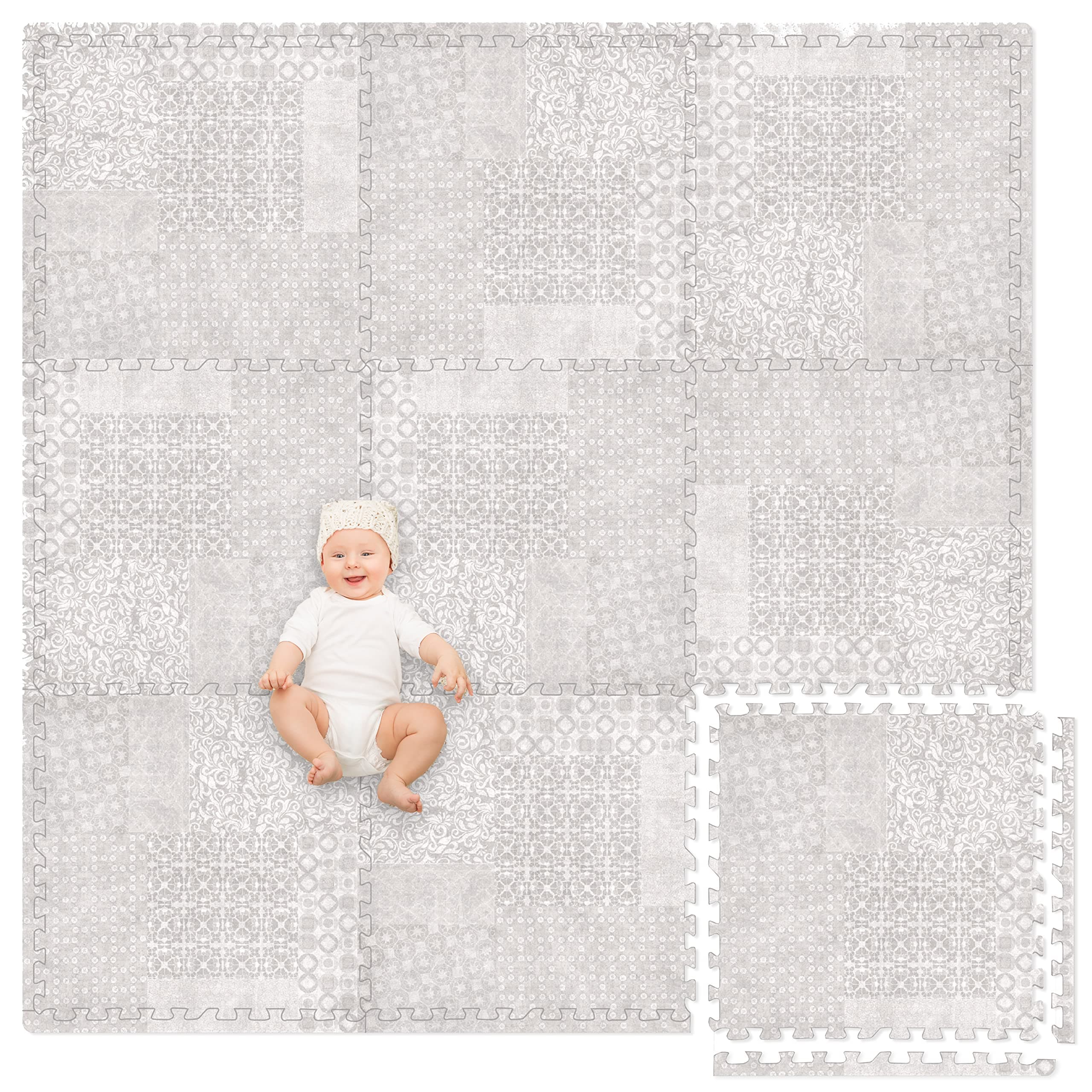 Play Platoon Non-Toxic Extra-Thick Childrens Foam Play Mats for Floor, 9 Tiles - 72 x 72 inch Comfortable Cushioned Foam Floor Puzzle Tiles for Kids & Toddlers with 24 x 24 inch Tiles Sets - Khaki