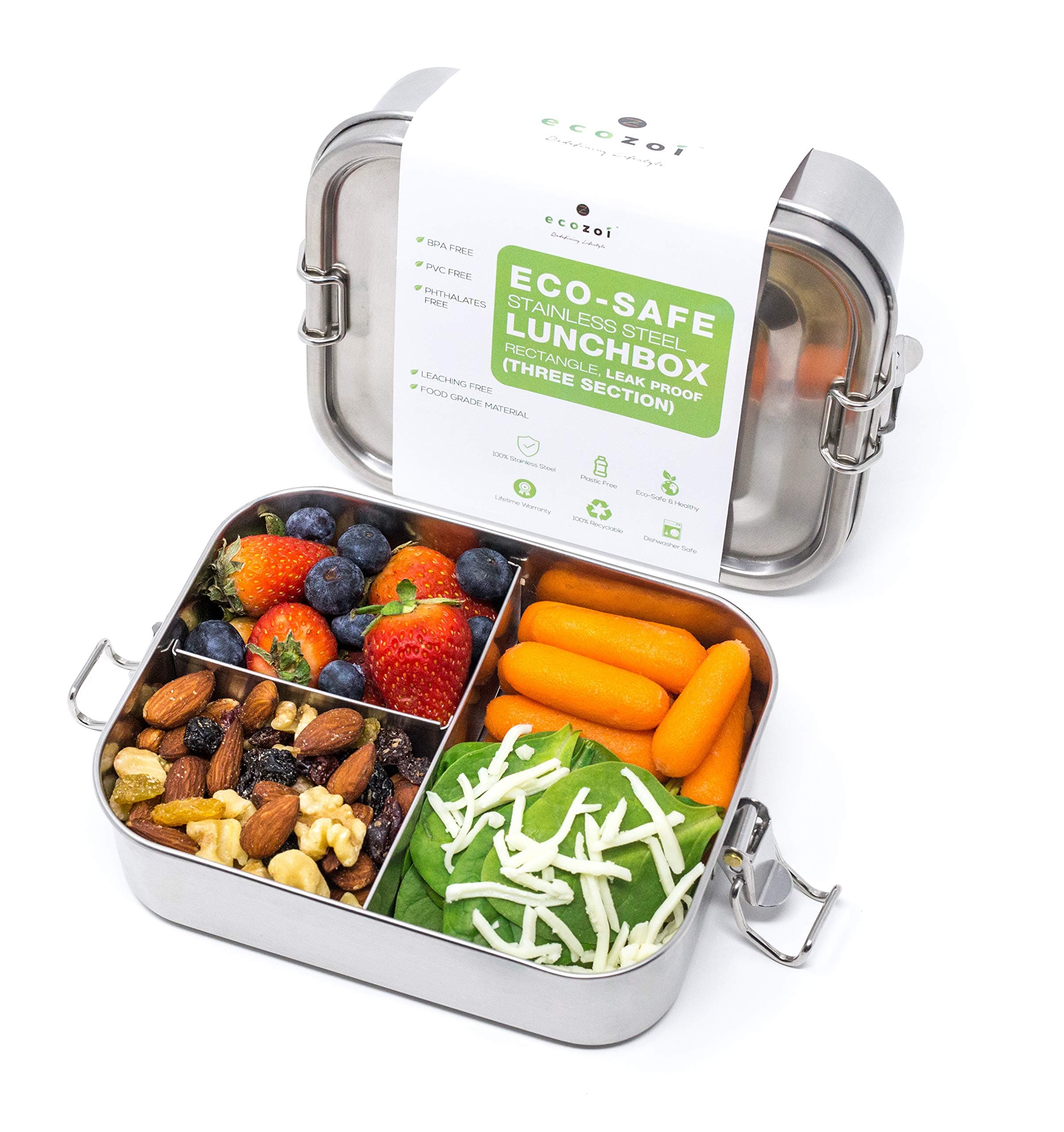 ecozoiLeak Proof Stainless Steel 3 Compartment Eco Lunch Box | REDESIGNED Silicone Seal | Sustainable Zero Waste Eco Friendly Bento Box Food Storage Container