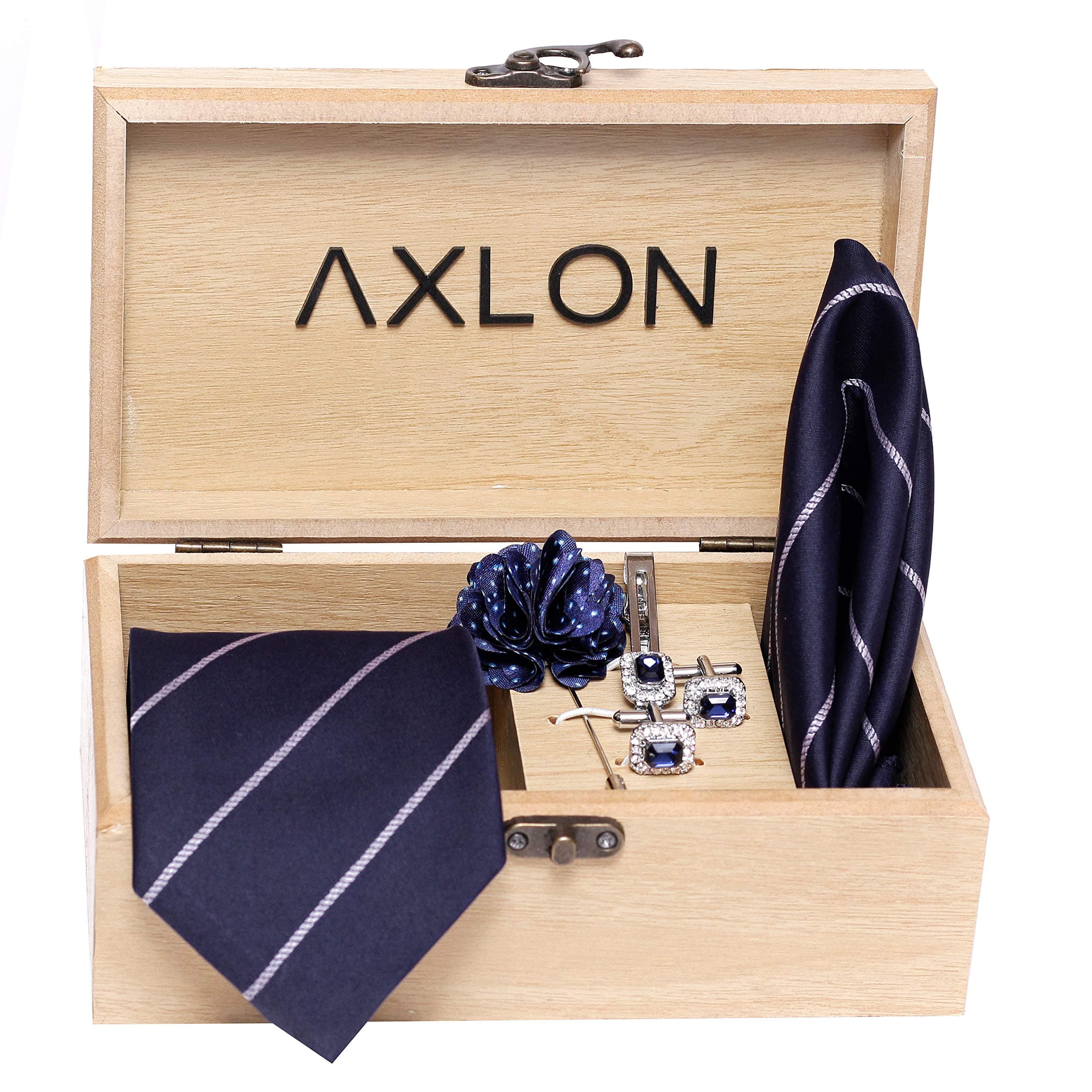 Axlon Tie for Men – Micro Silk Neck Ties Set with Cufflinks Flower Pin, Pocket Square & Black Gift Box, Combo Necktie Sets for Office Wear, Formal Suits & Weddings (Blue, TieAxlon-BlueB1)