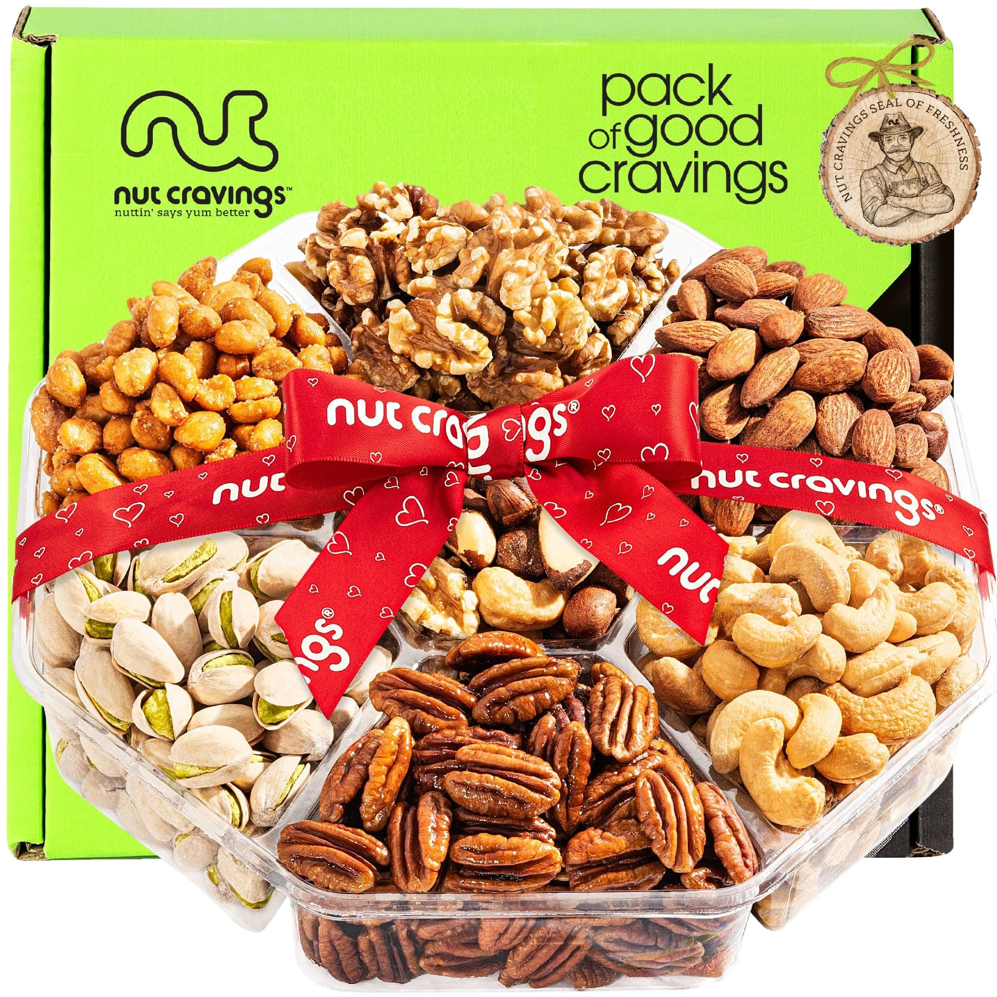 NUT CRAVINGS - Valentines Day Mixed Nuts Gift Basket + Heart Ribbon (7 Assortments) Treats for Adults, Food Arrangement, Healthy Snack Care Package, Kosher