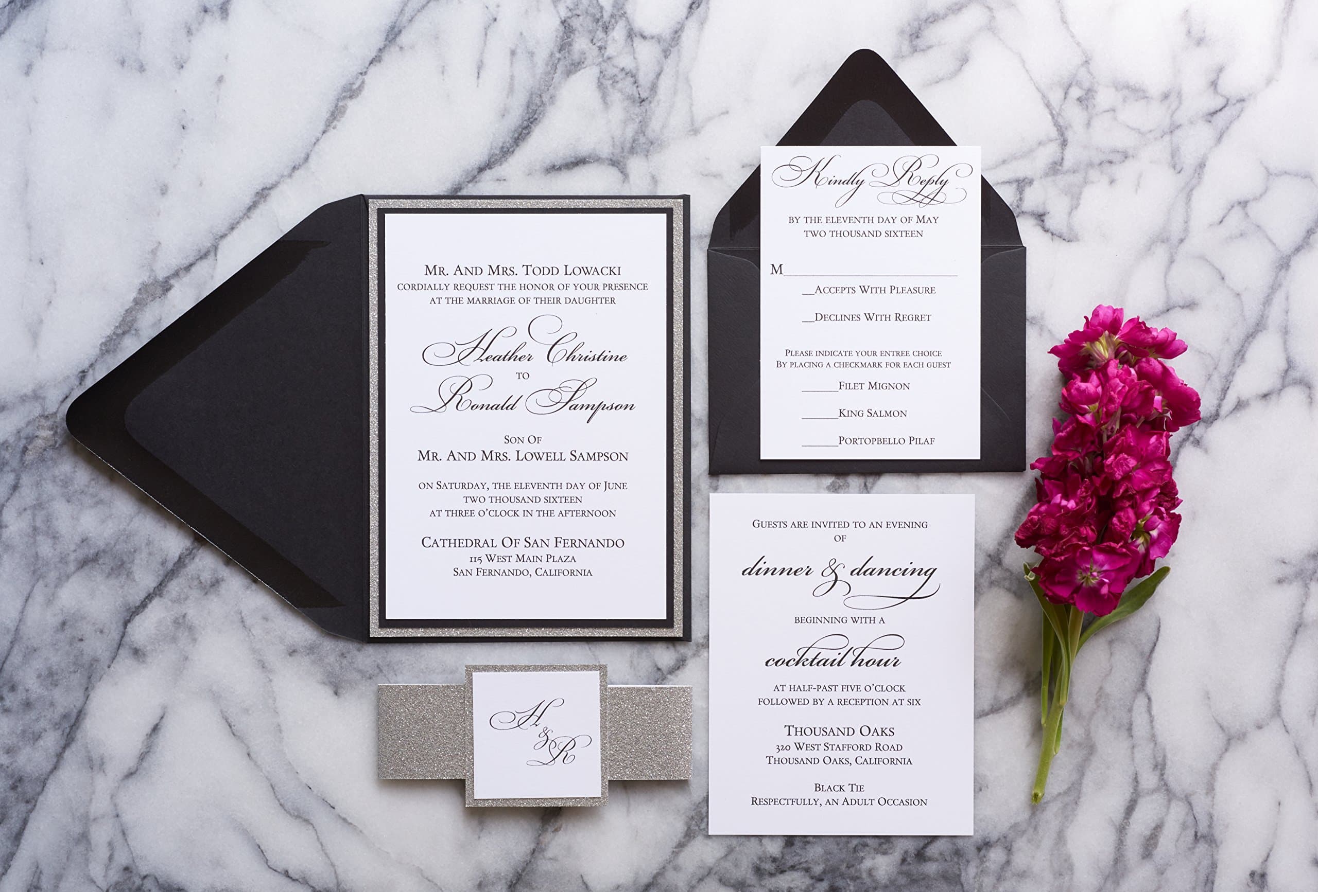 Personalized Glitter Wedding Invitation, Elegant Wedding card set, Heather sample