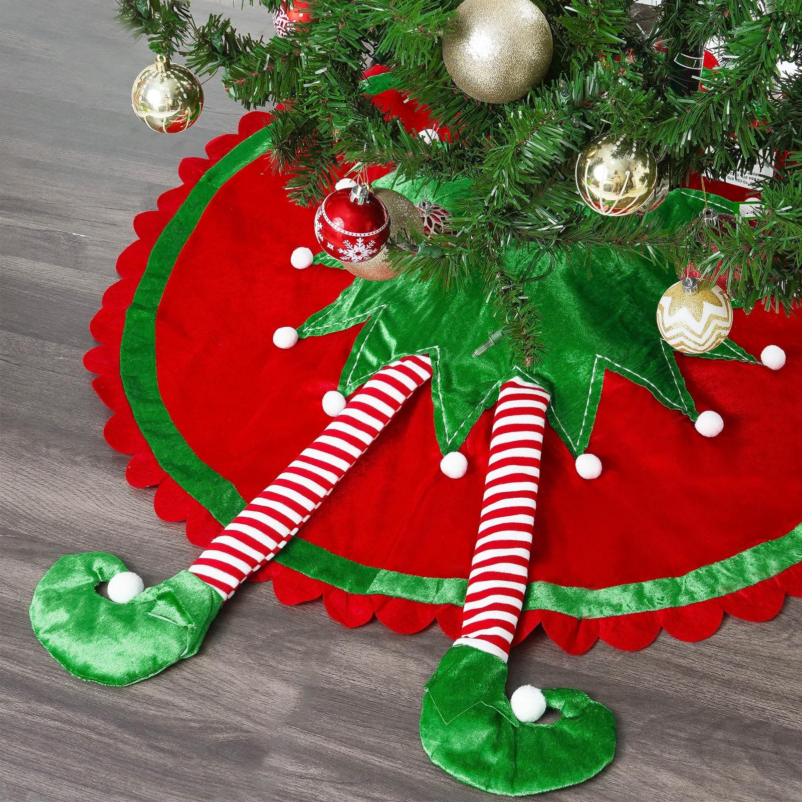 48-inch Elf Christmas Tree Skirt with Candy Striped Legs, Red Tree Skirts Xmas Tree Mat Elf Themed Decorations and Ornaments for Holiday Merry Christmas Party Christmas Tree Decoration