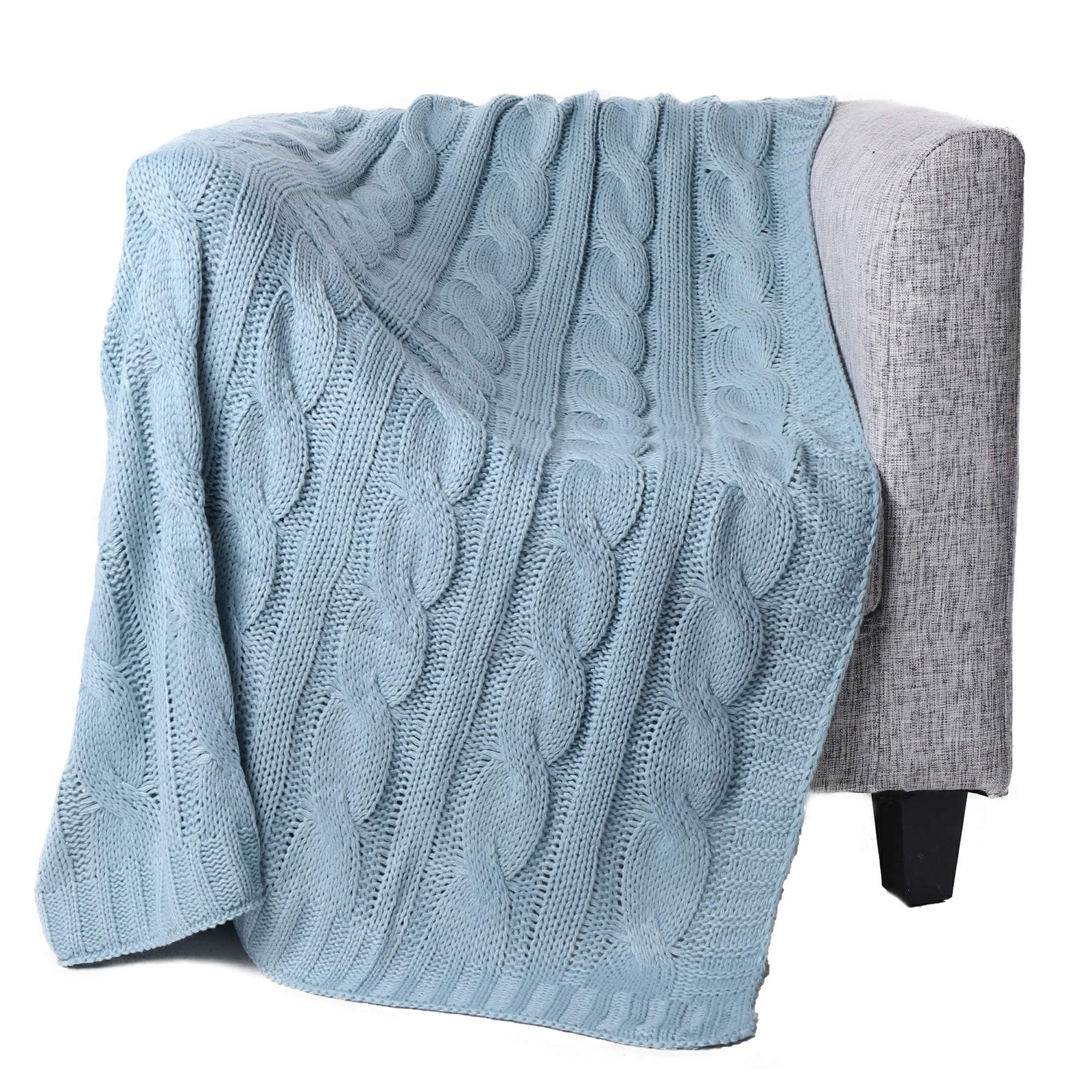 Luxury Cable Knit Throw Blanket 127 x 152cm Pale Blue