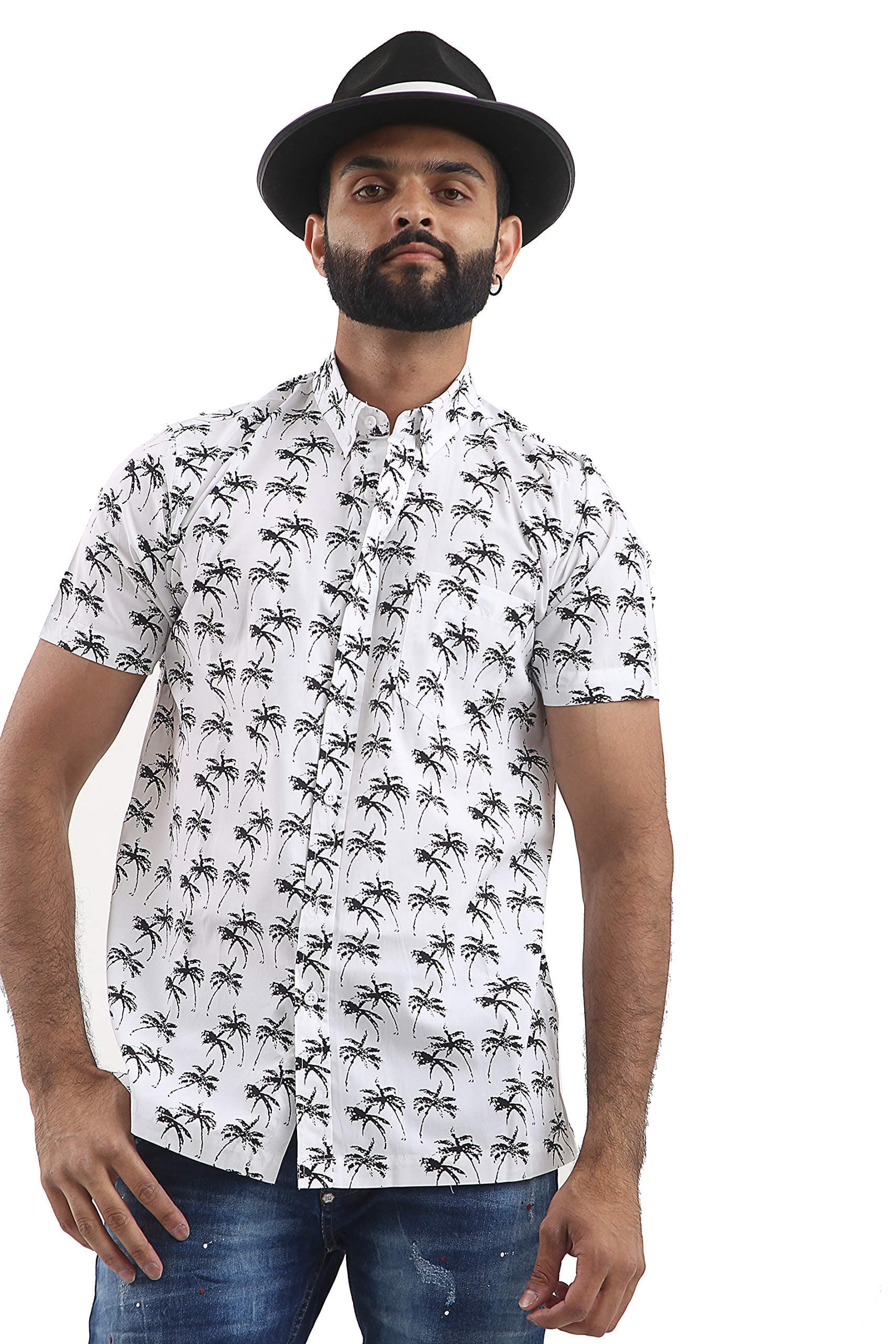 – Brooklyn Mens Hawaiian Holiday Shirt Casual Smart Designer Navy White Short Sleeve Comfy Size M - XXL