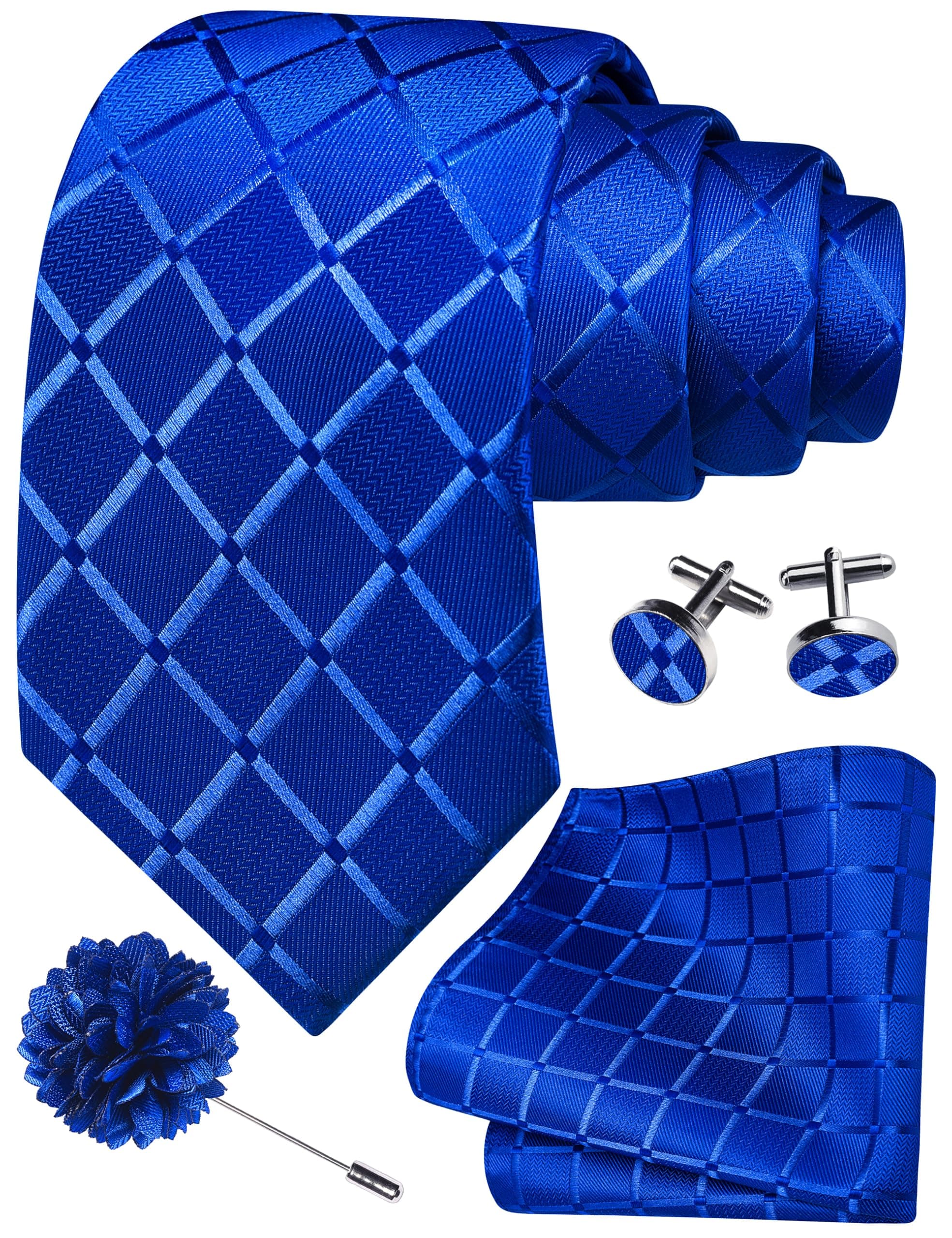3.15"（8cm） Mens Tie and Lapel Pin Plaid Checkered Necktie Hankerchief Cufflinks Set for Men