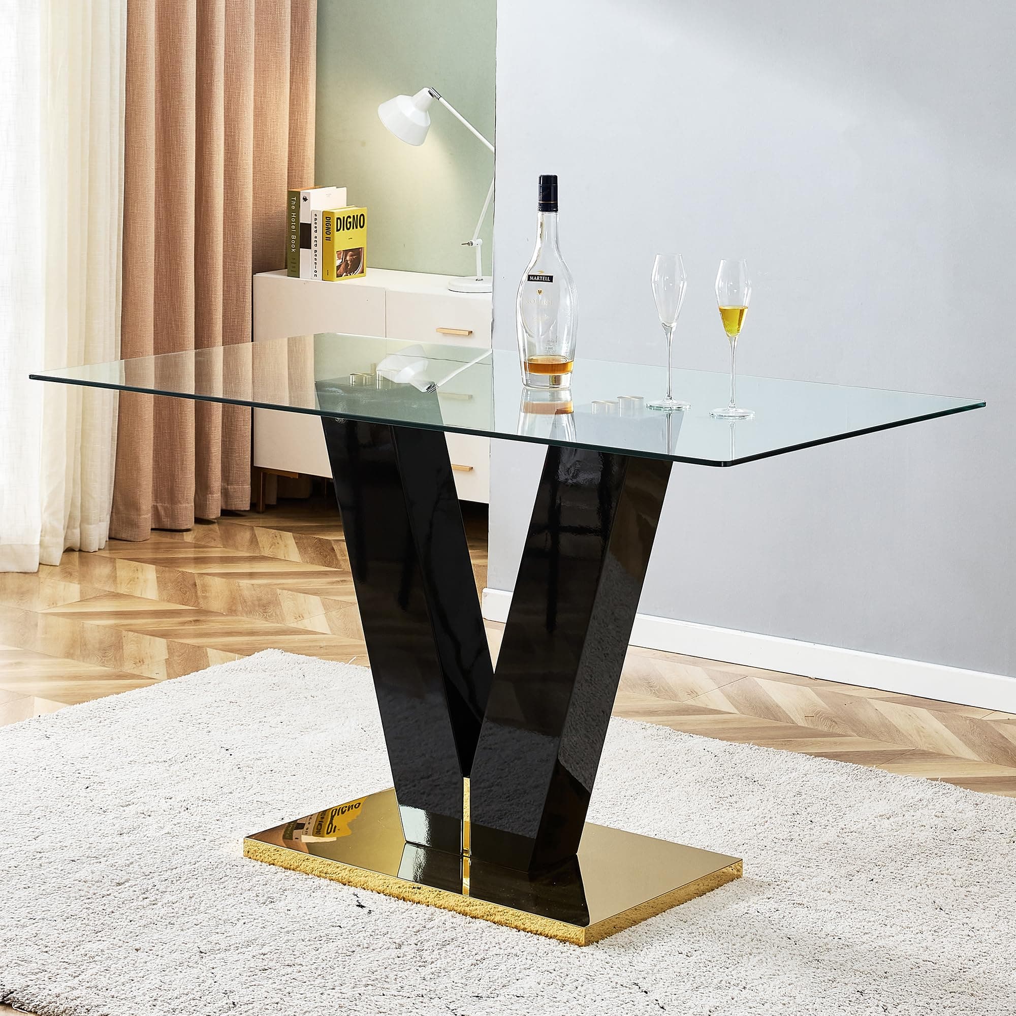 Modern Rectangular Glass Dining Table for 6-8 with 0.39" Tempered Glass Tabletop and V-Shaped Pedestal for Kitchen Dining Living Meeting Room Banquet Hall (Black10)