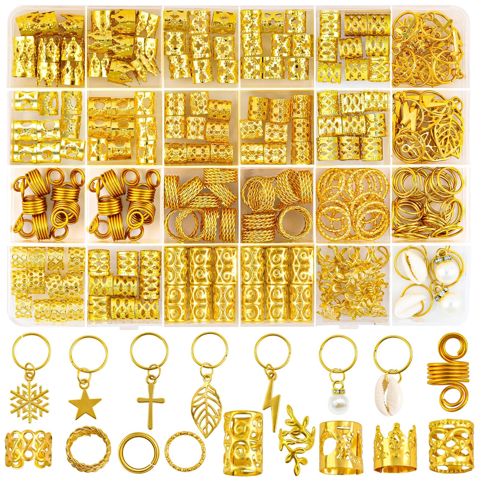 245pcs Hair Jewellery for Braids, Gold Hair Accessories Beads Cuffs Charms Rings for Girl Women Men Braids Decoration Party Music Festival