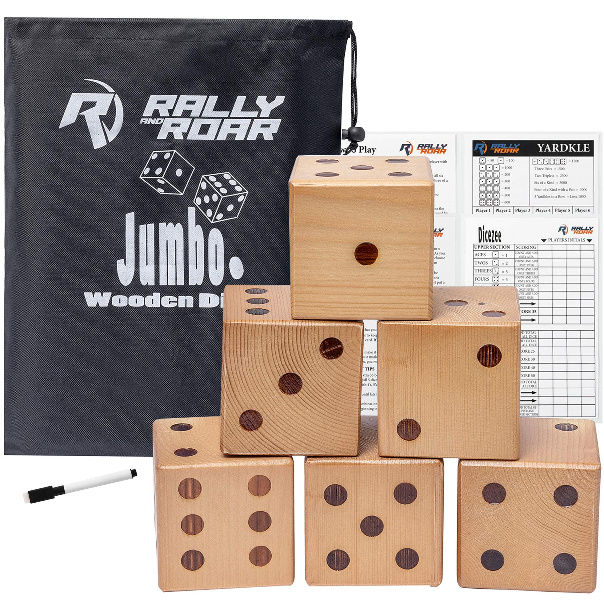 Rally and Roar Giant Backyard Wood Dice Set - Includes Dice, Scoresheet, Multiple Sizes and Styles