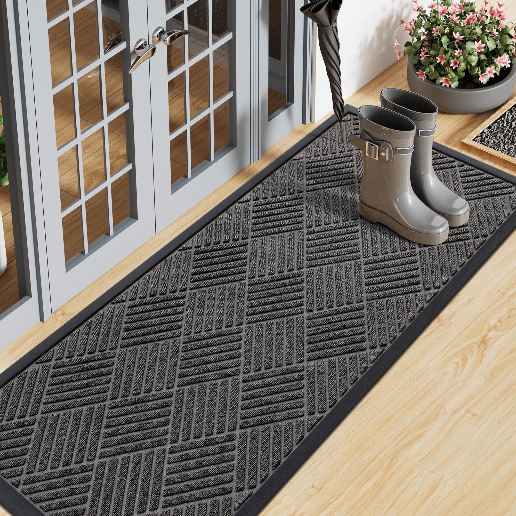 Smiry Front Door Mat Outside Entrance, Heavy Duty Outdoor Indoor Natural Rubber Doormat, Non Slip, Trap Dirt and Moisture, Easy Clean, Low Profile Patio Porch Entryway Mat, 47x17, Grey