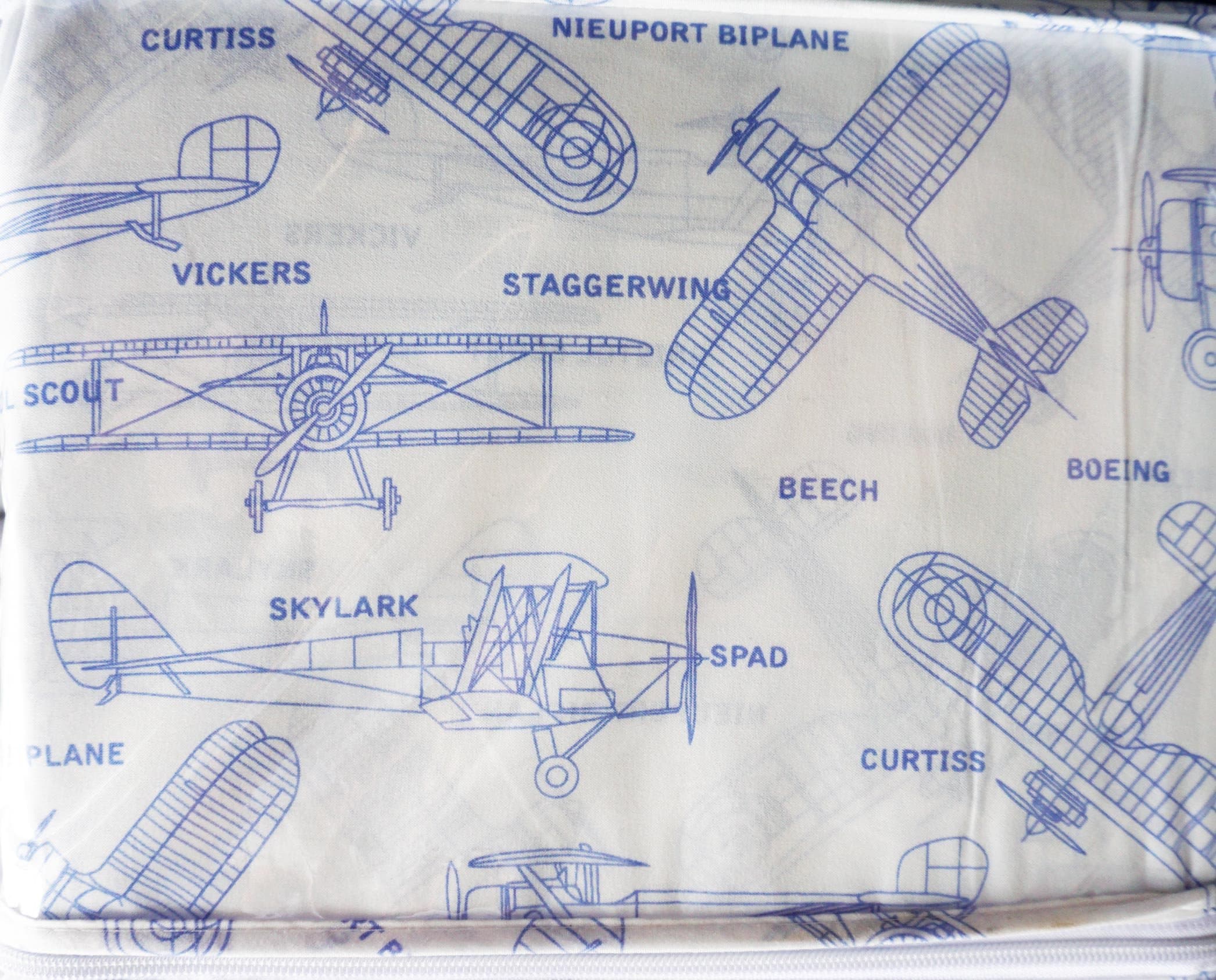 Authentic Kids 4 Piece Boys Full Sheet Set Blue Vintage Airplanes on White