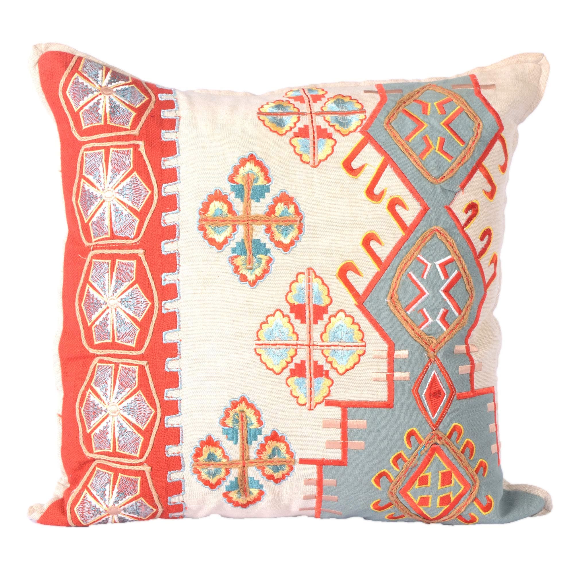 Ajs Living Premium Cotton Decorative Throw Pillow Case - Natural tones of rust and teal thread work in geometric pattern ethnic design -18 x 18 Inch - Single - Natural Beige Hues with Rust and teal muted hues