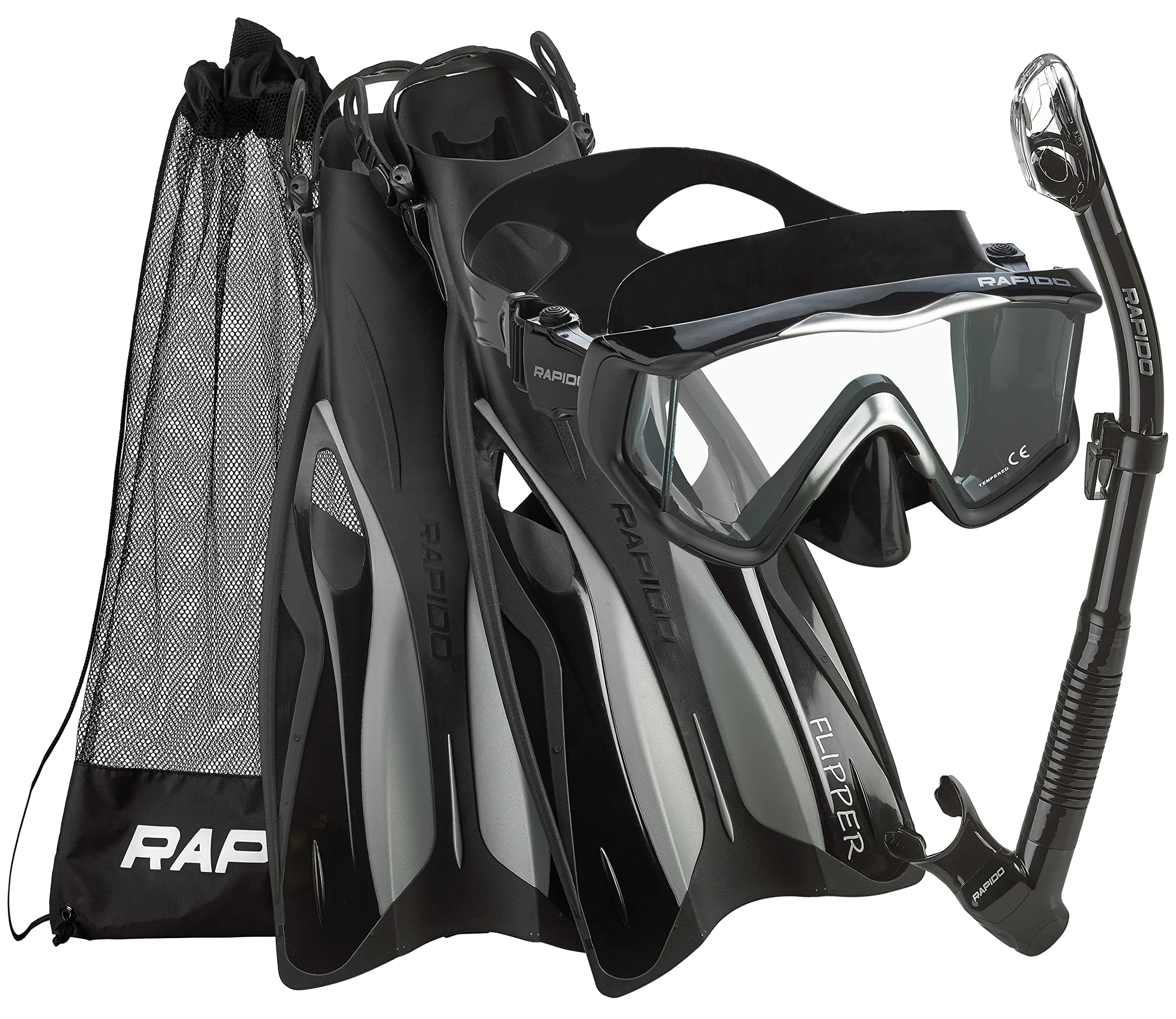 Rapido Boutique Collection Clareza Three Window Tempered Glass Lens Mask Fin Snorkel Set with Snorkeling Gear Carry Bag, ABK - LG