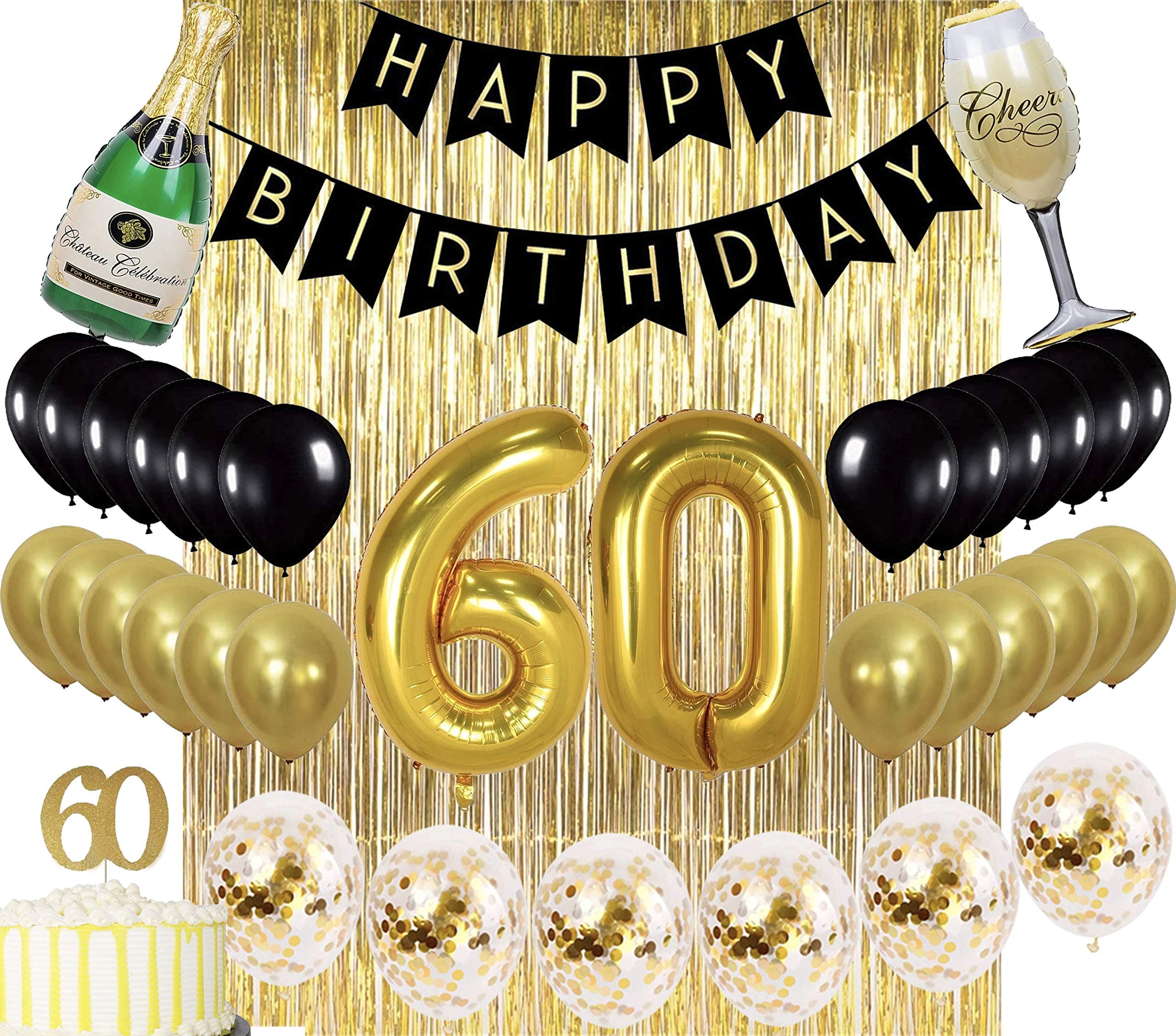 60th Birthday Decorations Party Supplies gold Kit - 60th Birthday Gifts for men or women,60th Cake Topper|Banner|sash|Rose gold Curtain Backdrop Props|Confetti Balloons|Champagne balloon.