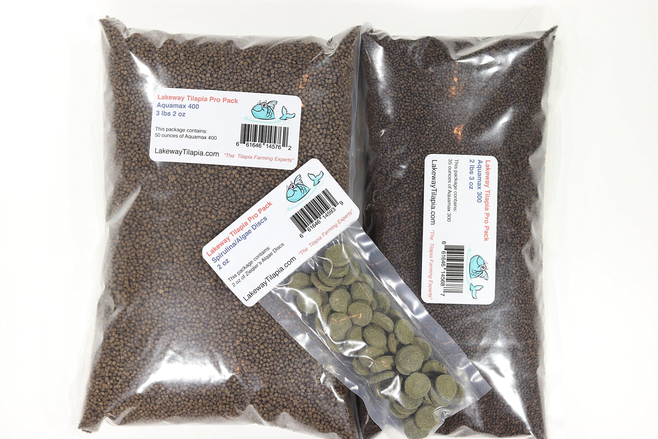 Pro Pack 50 Tilapia Food - to Raise 50 Tilapia from Fry Stage Up to 6 Inches Long with 2lb 3oz of 300, 3lb 2oz of 400 and 2oz of Algae Discs
