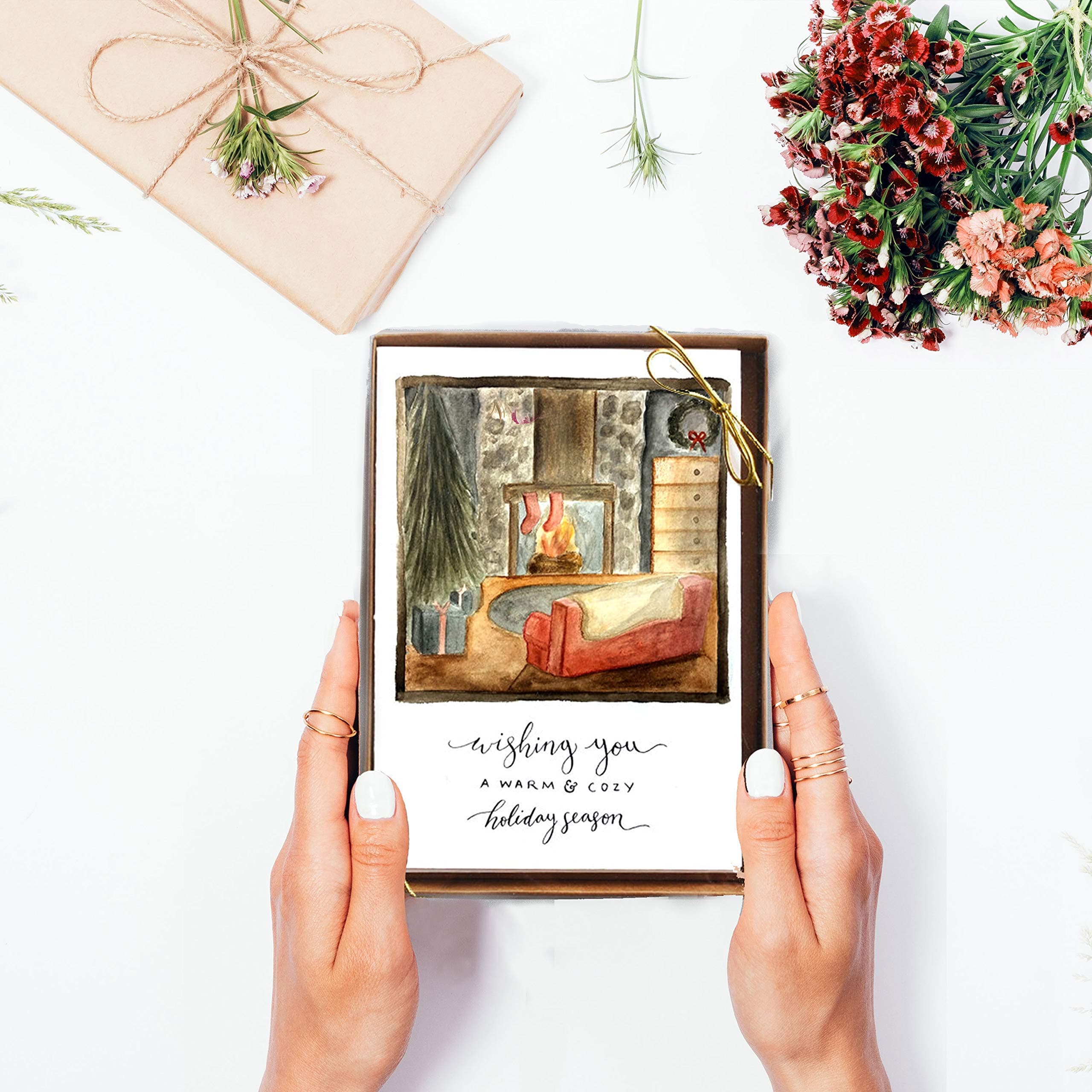 Wunderkid Happy Holidays Boxed Set of 8 Cards Collection, Season Greetings Cards (Blank inside, Kraft Envelopes)