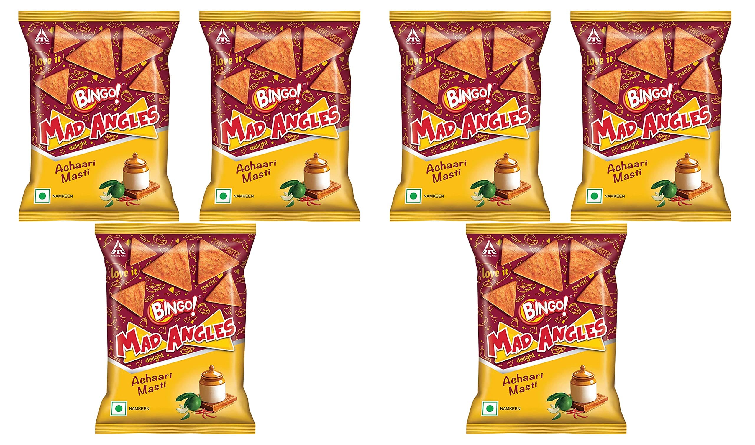 Mad Angles Achaari Masti 80g (Pack of 6) – Sweet and Spicy – Crunchy Snack – Triangular Mad Angles Chips – Crusty Khakra