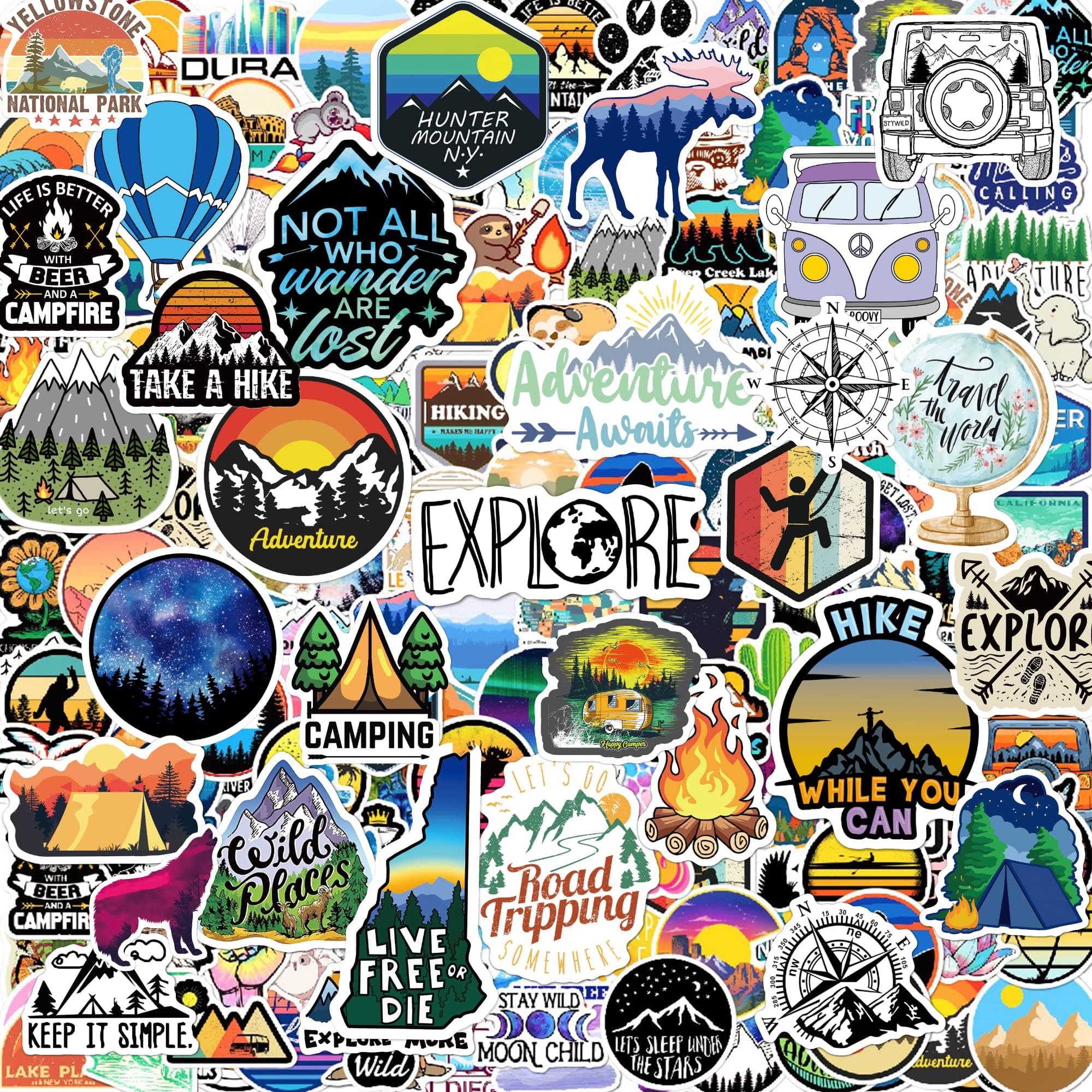 200PCS Camping Stickers - Water Bottles, Outdoor Adventure, Vinyl Waterproof Stickers Packs for Laptop, Travel & Hiking, Bike, Bumper, Suitcase, Luggage, Car, Wilderness, Nature
