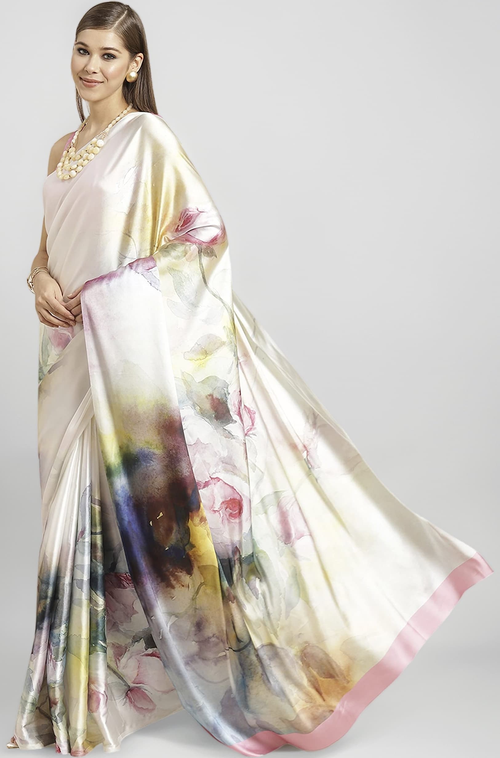Women's Digital Floral Print Satin Saree(TI2636_White_Onesize)