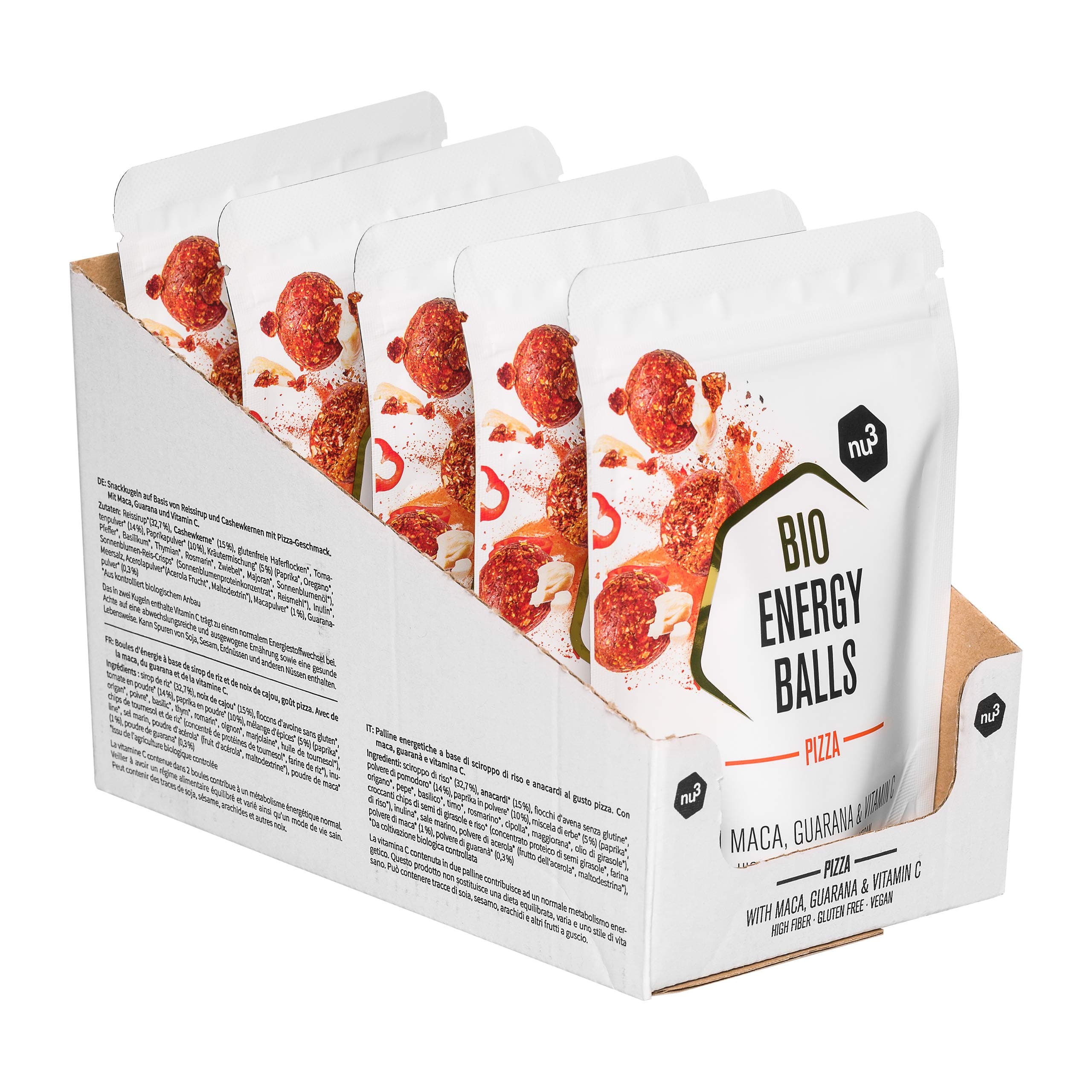 nu3 Organic Energy Balls - Pizza - 5 x 70 g - Vegan, Gluten-Free & high Fiber - Pizza Flavour - Hearty Snack with maca, Guarana, acerola & Vitamin C - Natural Ingredients