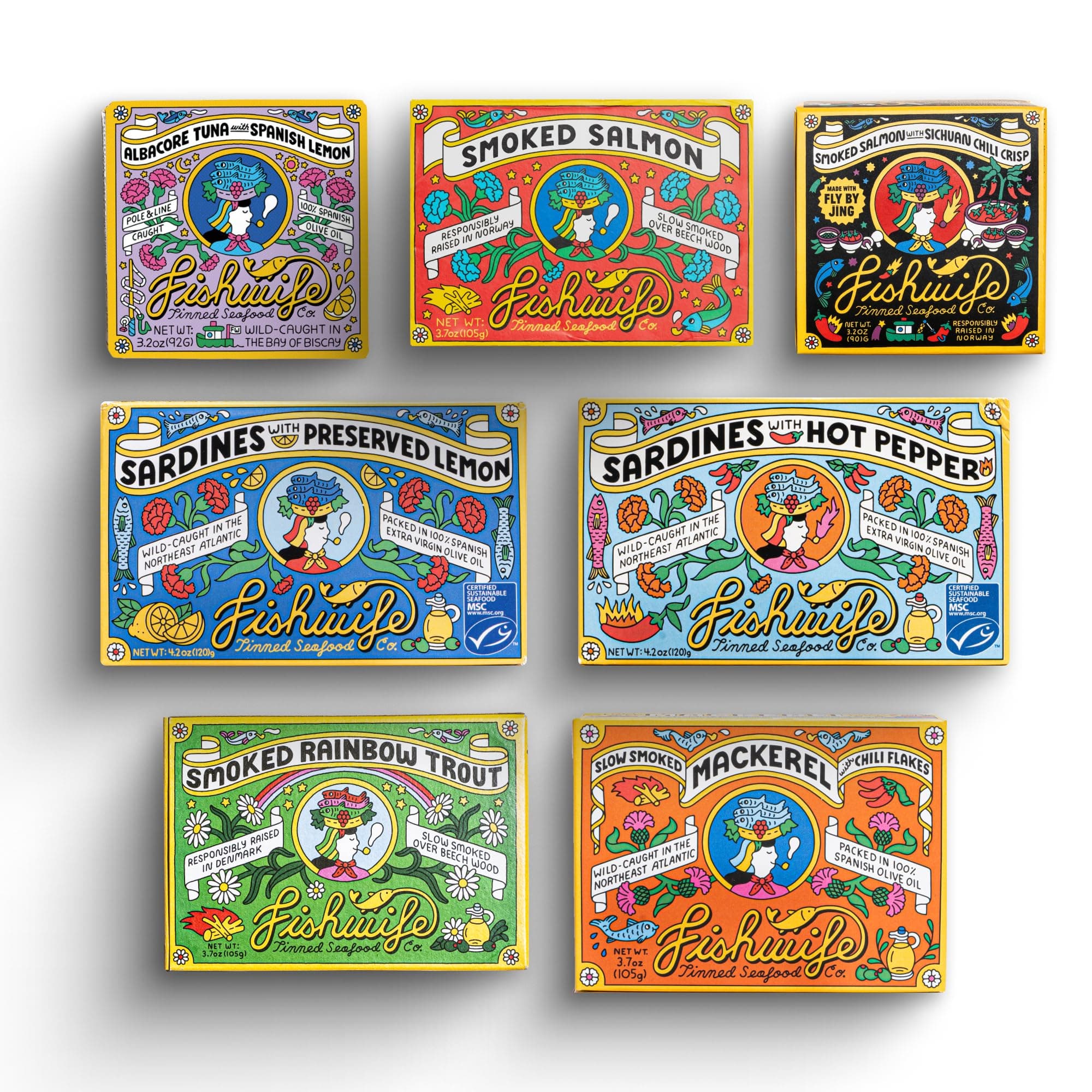 Fishwife Starter 7 Pack (Canned Seafood Variety Including Smoked Salmon, Rainbow Trout, Sardines, and More) | Gluten Free