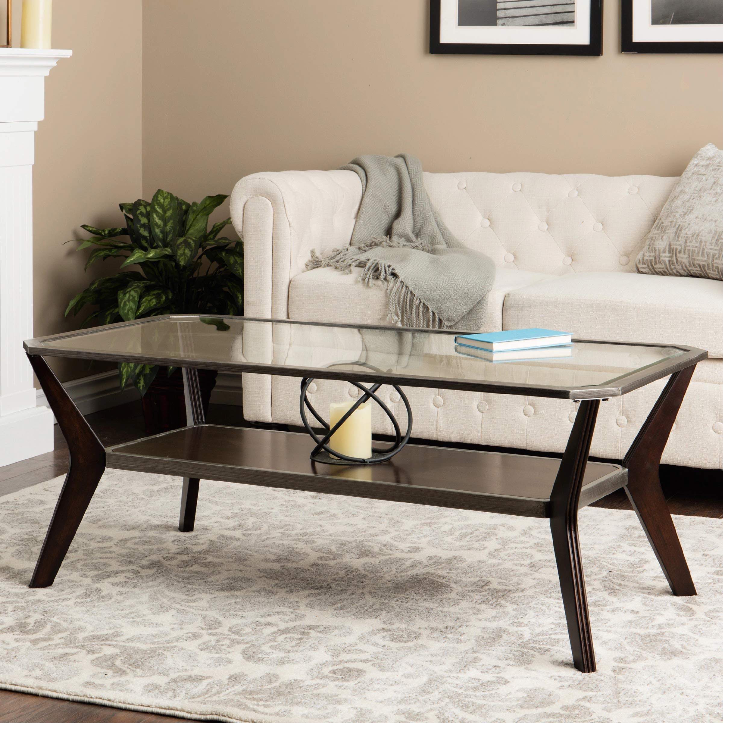 Mid Century Style Modern Glass Coffee Table with Storage Shelf Rectangular Wood Espresso and Antique Silver Bundle Includes Bonus Home Decorating eBook