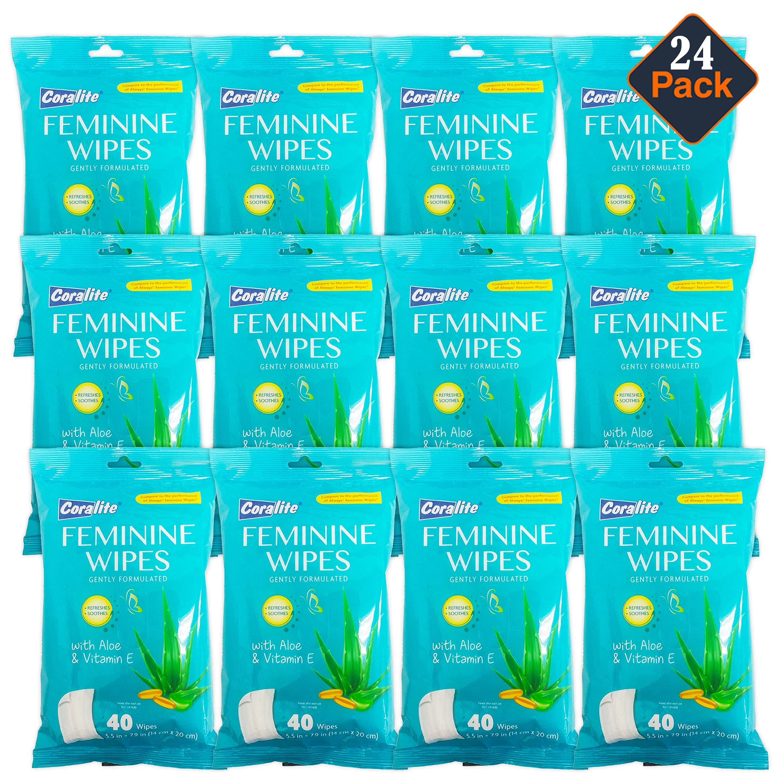 Coralite Feminine Wipes for Women - Feminine Hygiene and Body Wipes For Women with Aloe Vera and Vitamin E in a Resealable Pouch, 40 Cleansing Wipes Per Pack (24 Pack)