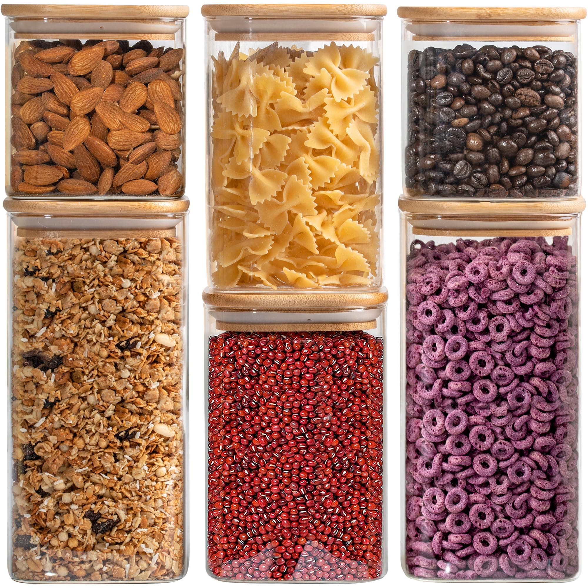 Glass Jar Set (2x27oz/2x40oz/2x50oz) Set of 6 with Minimalist Pantry Labels, Square Canister Jars with Bamboo Lids and Customized Sticker Labels, Food Storage Containers